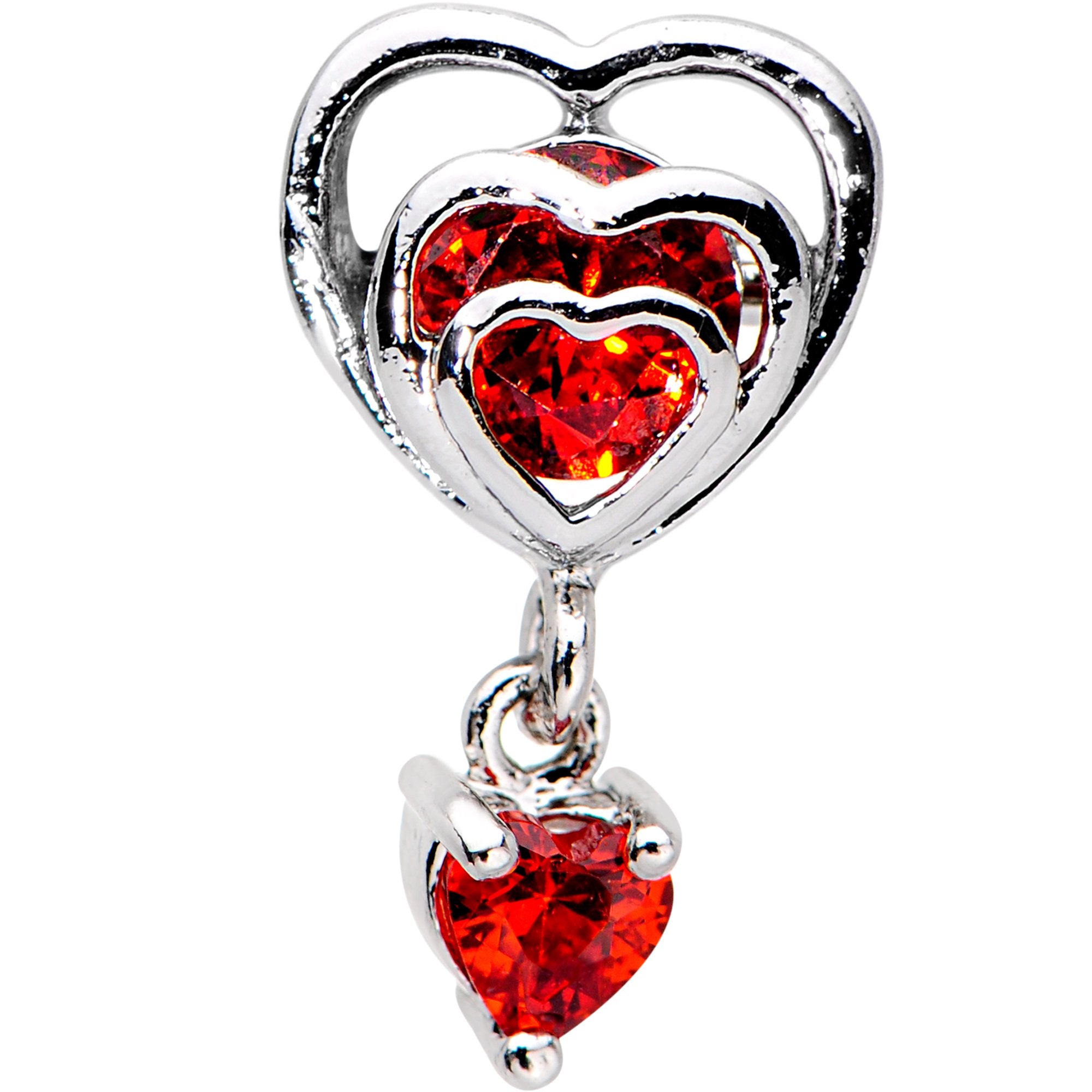 16 Gauge 1/4 Red CZ Gem Triple Heart Dangle Cartilage Tragus Earring