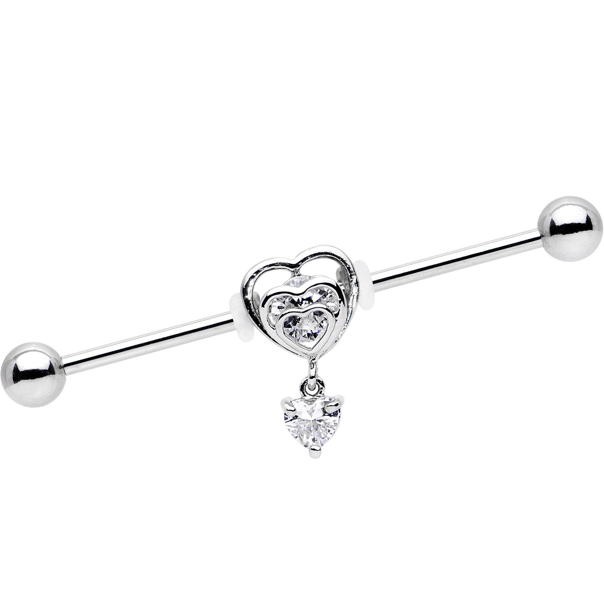 Clear CZ Gem Triple Heart Dangle Industrial Barbell 38mm