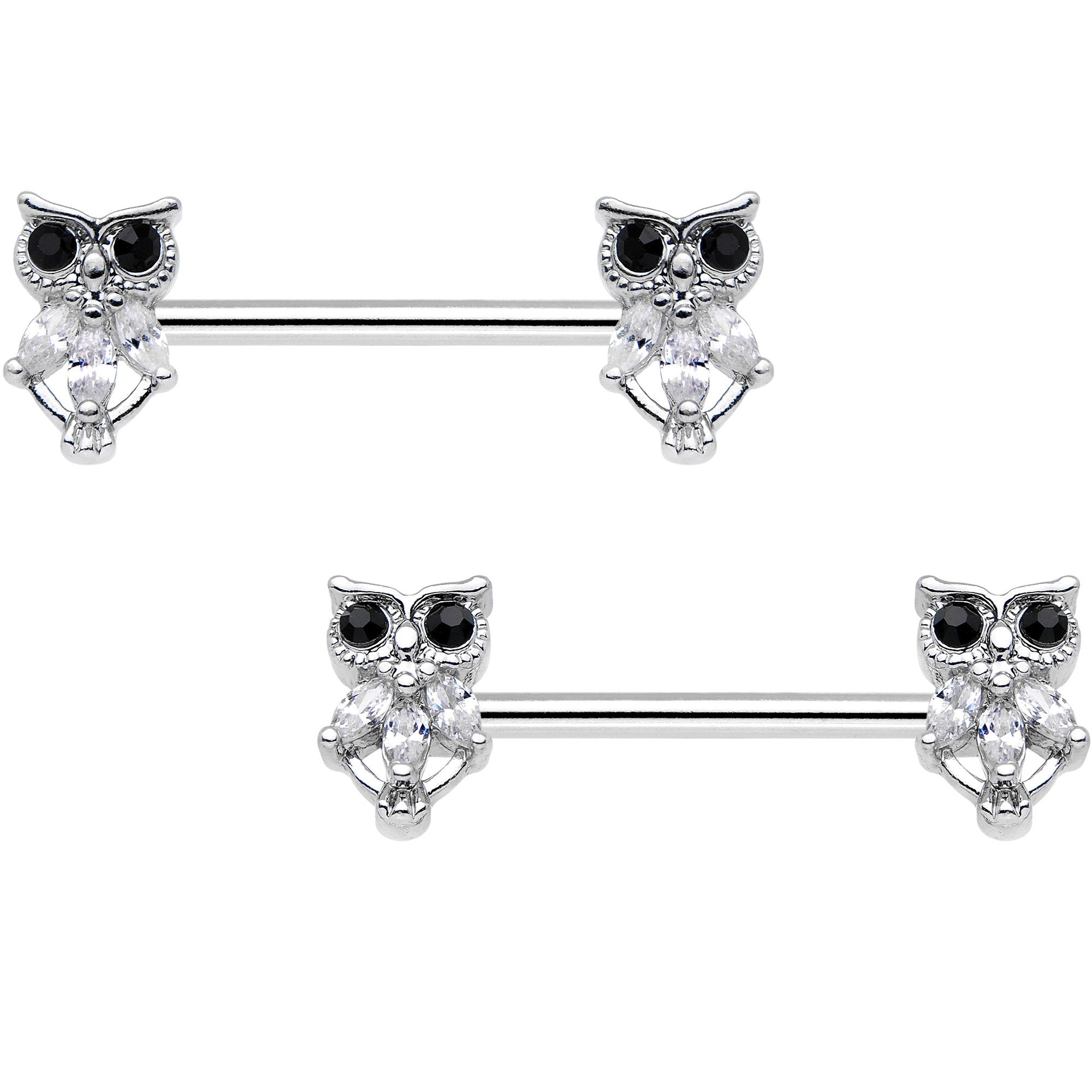 9/16 Clear Black Gem Wide Eyed Owl Barbell Nipple Ring Set