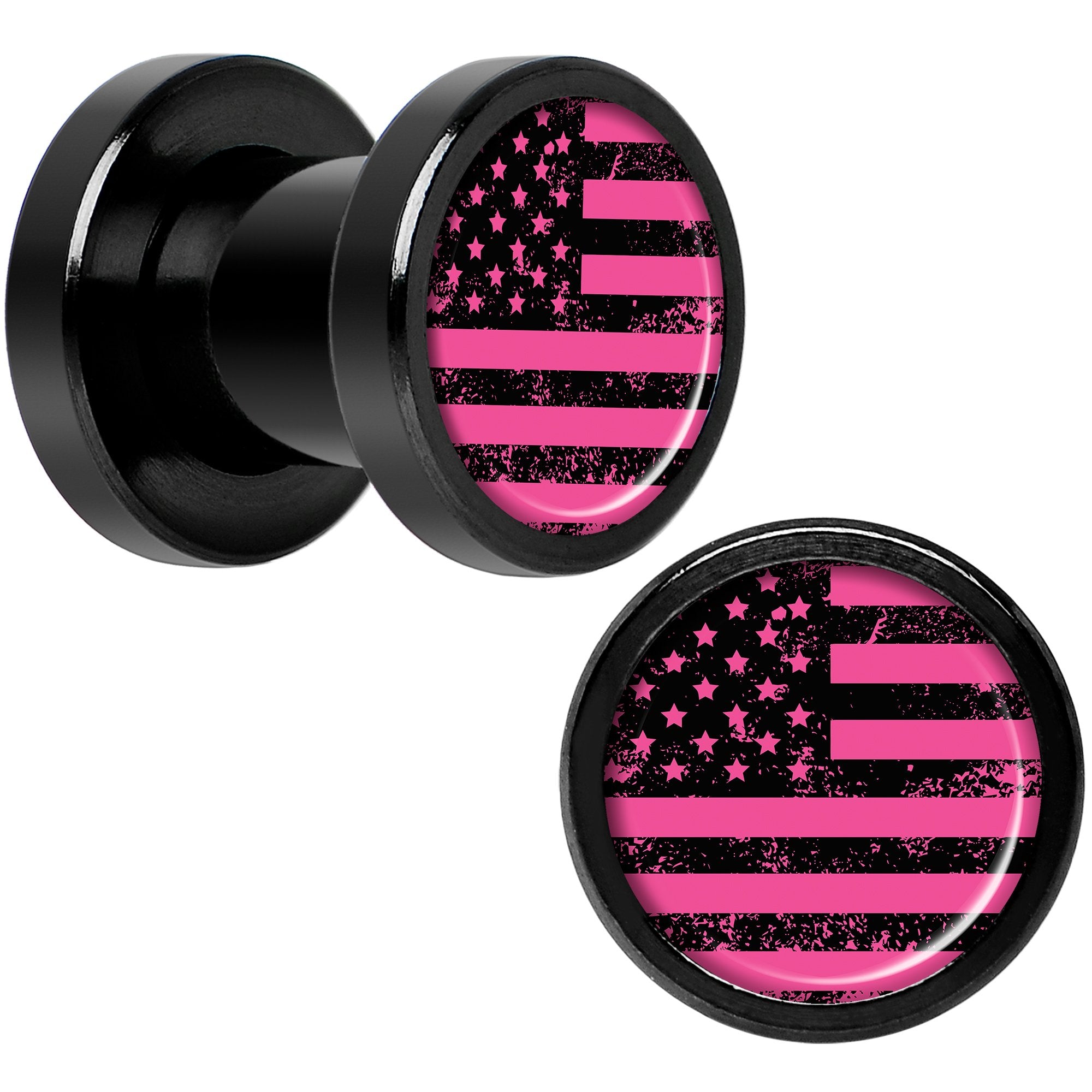 Pink American Flag Black Anodized Screw Fit Plug Set 2 Gauge