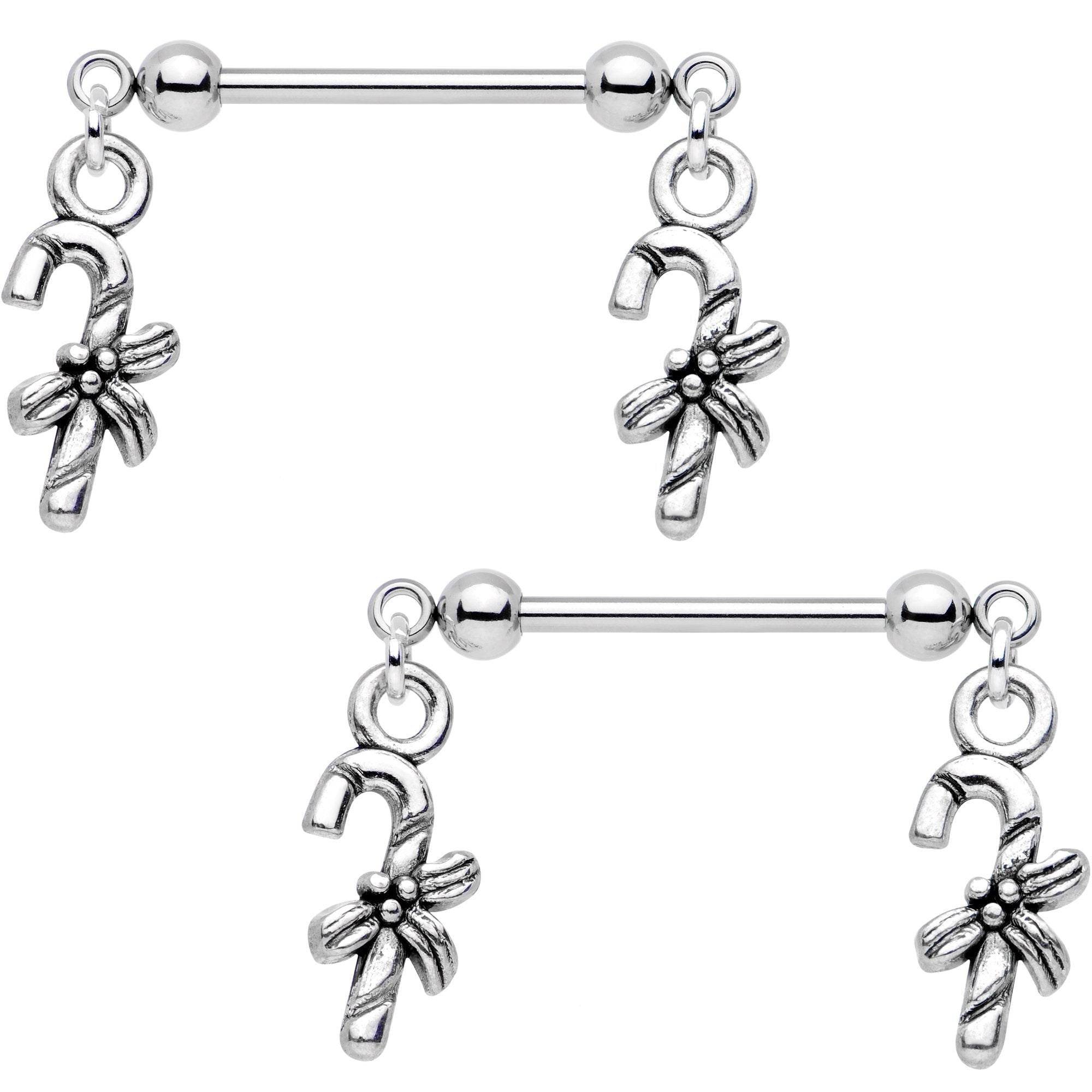 5/8 Holiday Candy Cane Dangle Barbell Nipple Ring Set