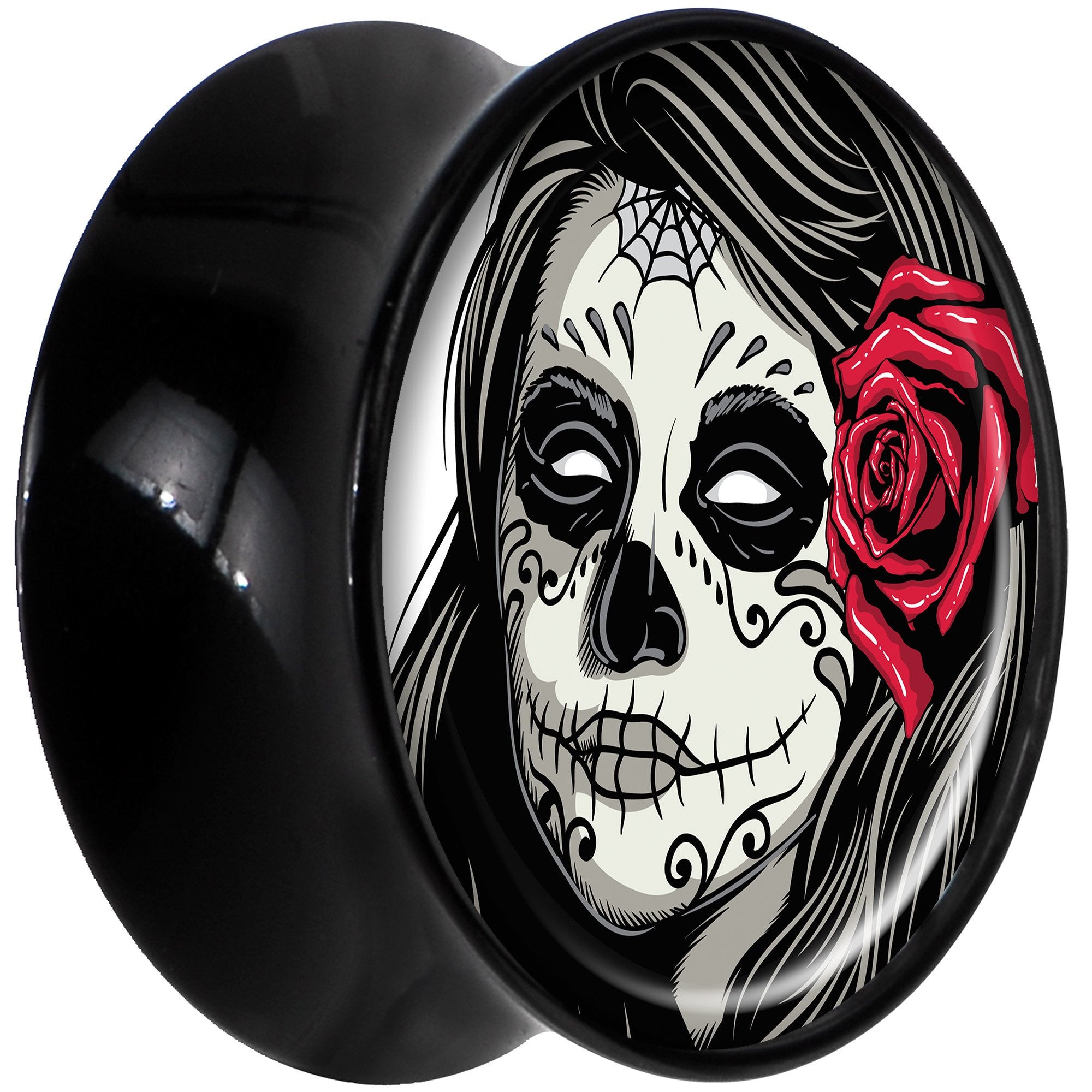 Black Acrylic Katrina Sugar Skull with Rose Flower Saddle Plug Set 18mm