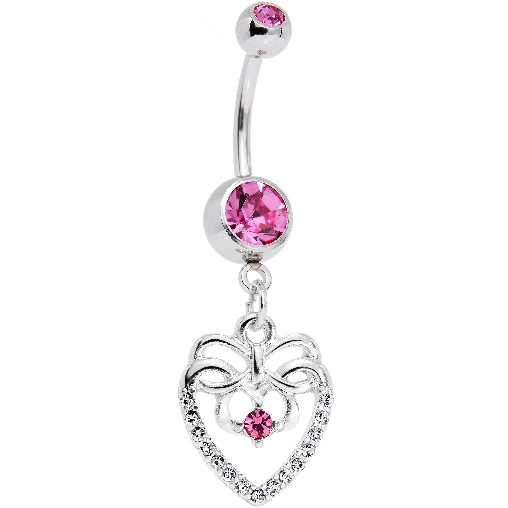Pink CZ Gem Bow Heart Dangle Belly Ring