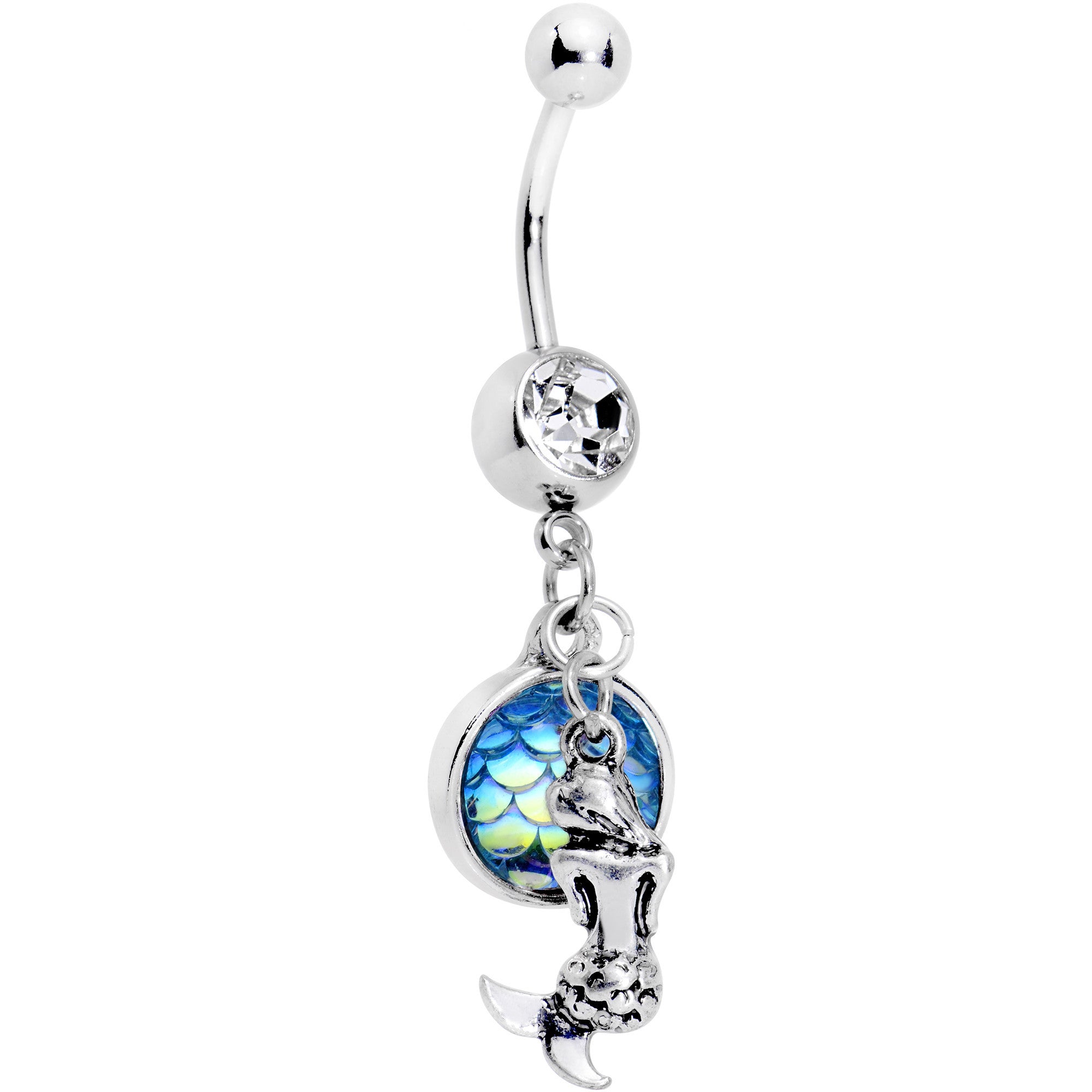 Clear Gem Iridescent Aqua Scale Mini Mermaid Dangle Belly Ring