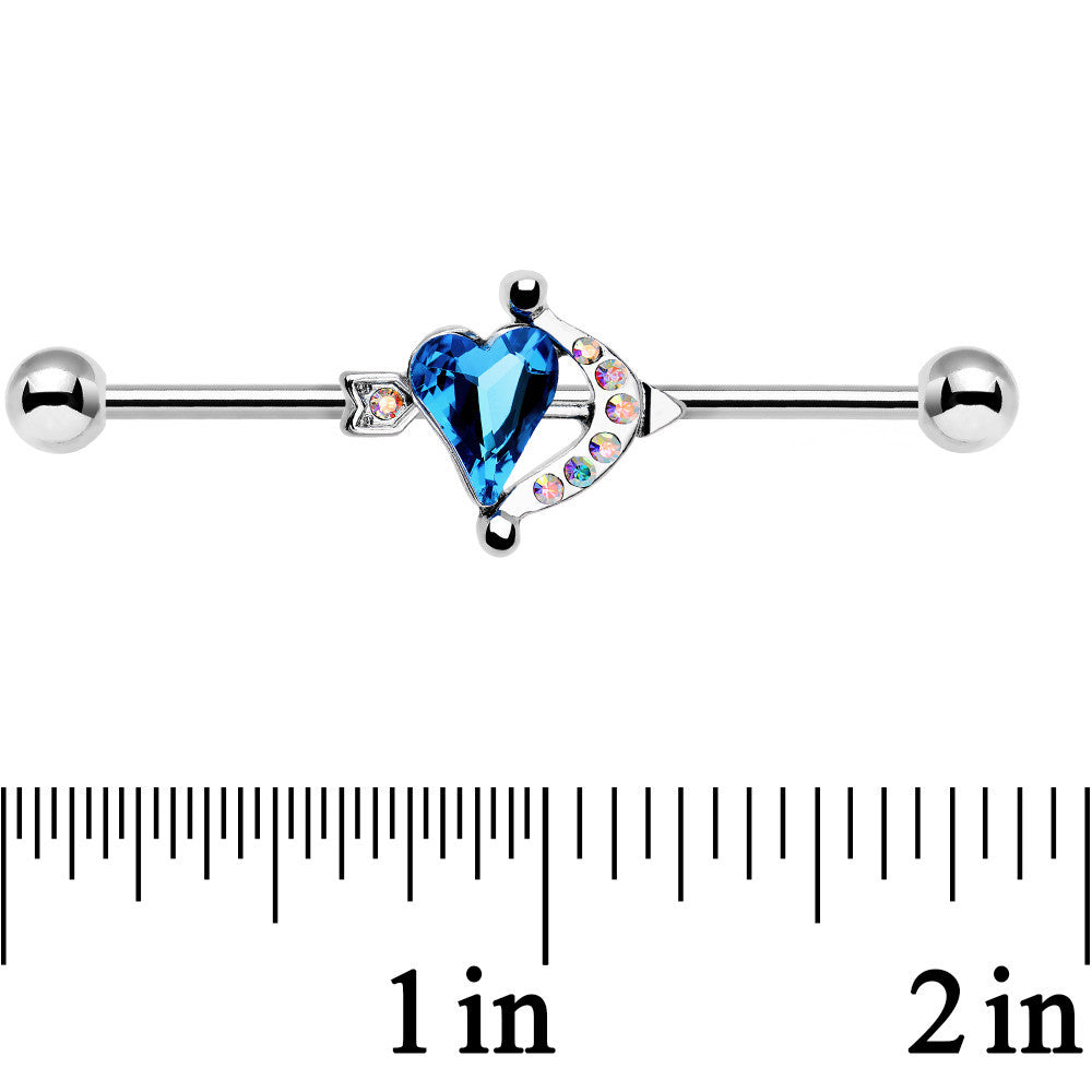 Aqua Aurora Gem Heart and Arrow Calling Cupid Industrial Barbell 38mm