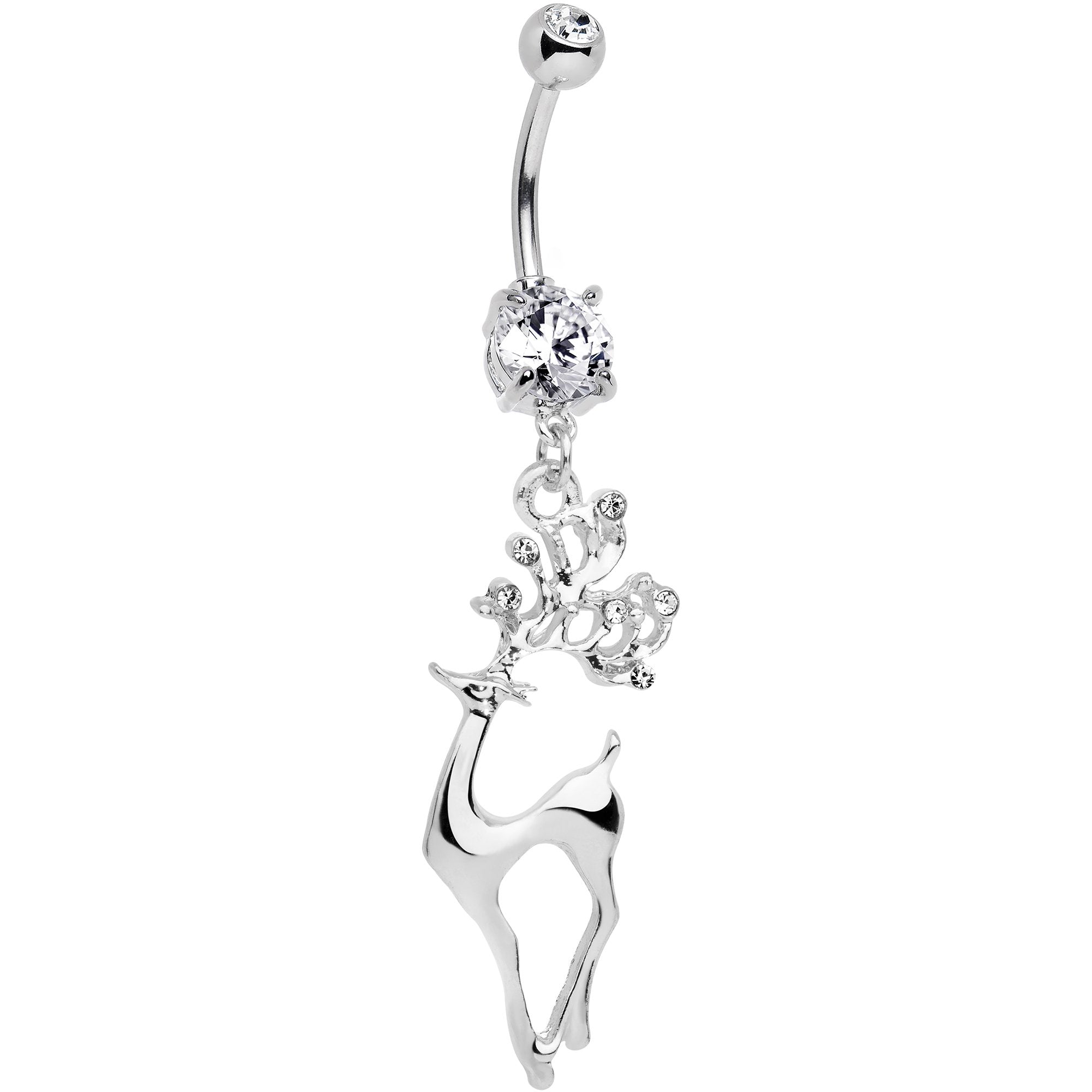 Clear CZ Gem Prancing Reindeer Dangle Belly Ring