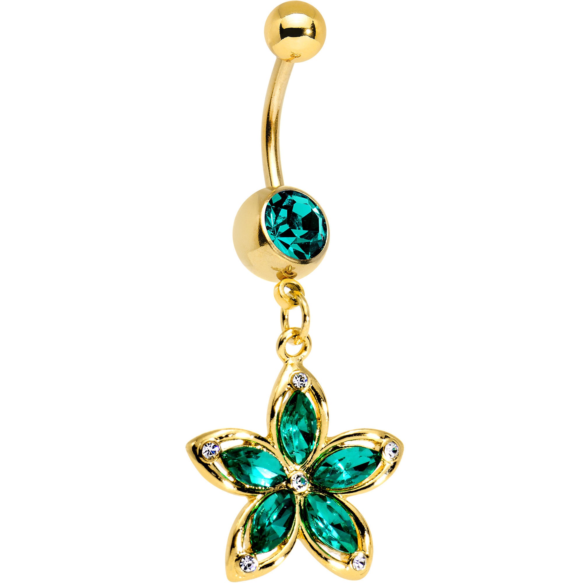 Green Gem Gold PVD Holiday Hibiscus Flower Dangle Belly Ring