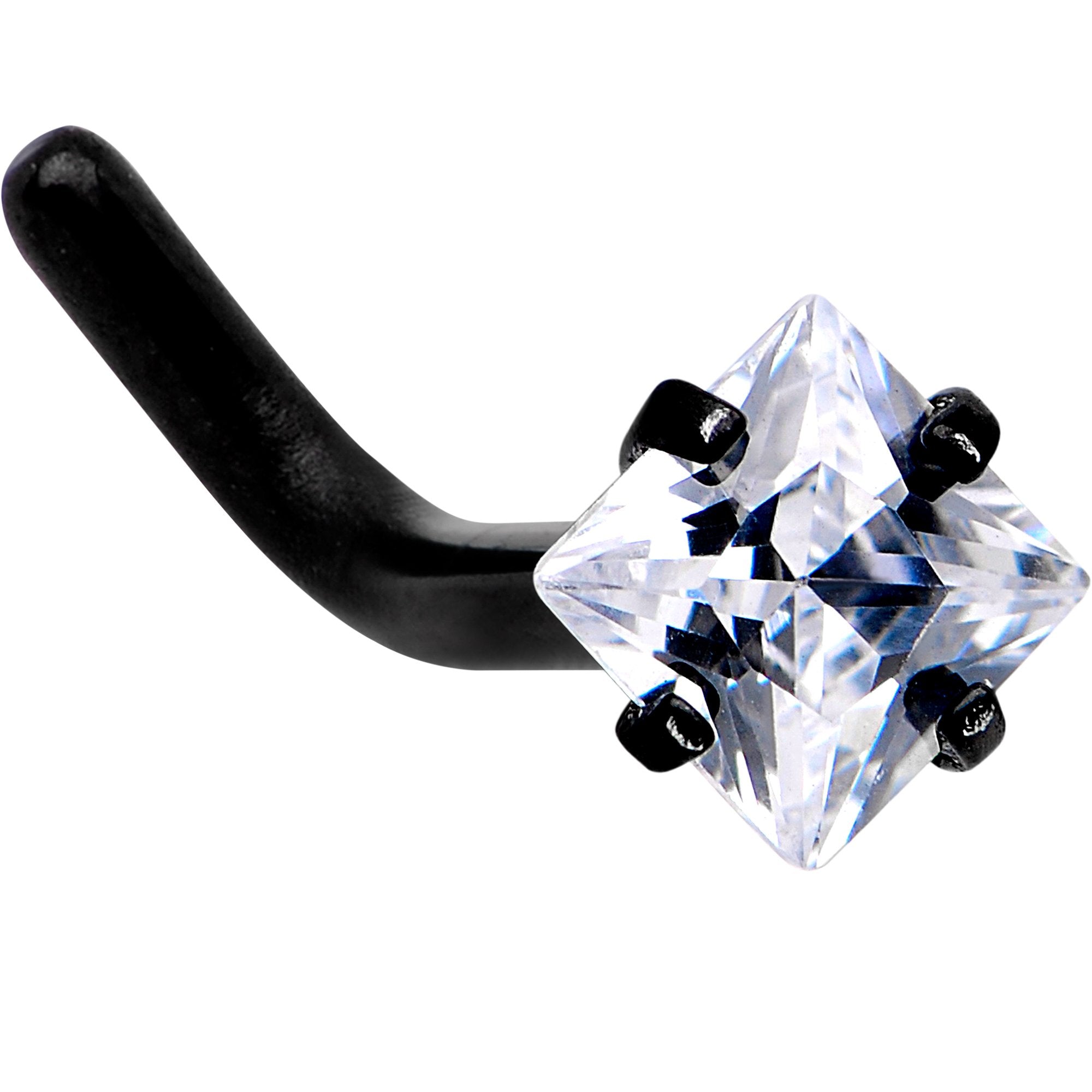 18 Gauge 1/4 Clear Square 2.5mm CZ Gem Black IP L-Shape Nose Ring