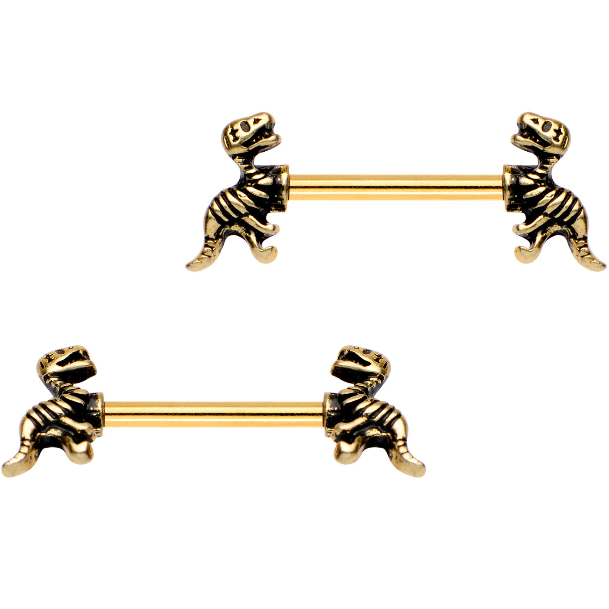 14 Gauge 9/16 Gold IP Raptor Bones Dinosaur Barbell Nipple Ring Set