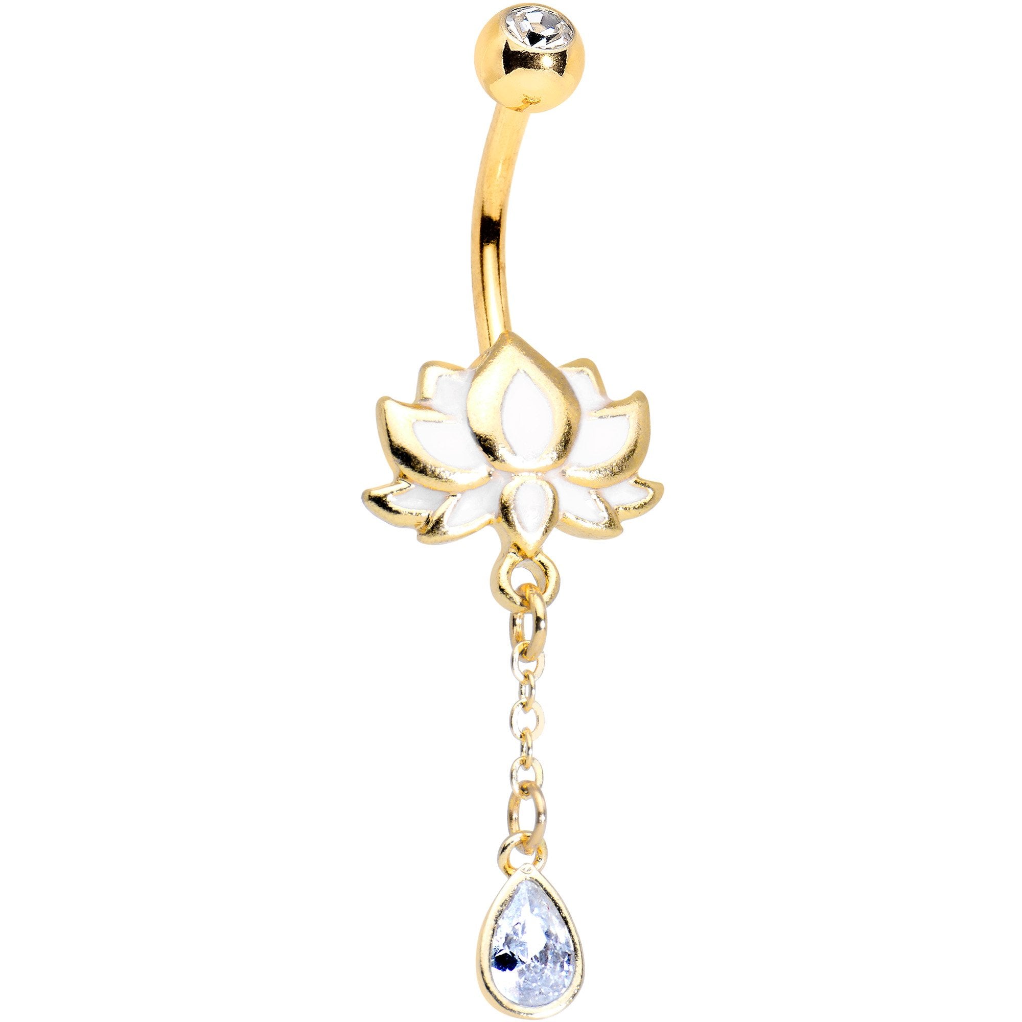 Clear Gem Gold Tone Anodized Blooming Lotus Flower Dangle Belly Ring