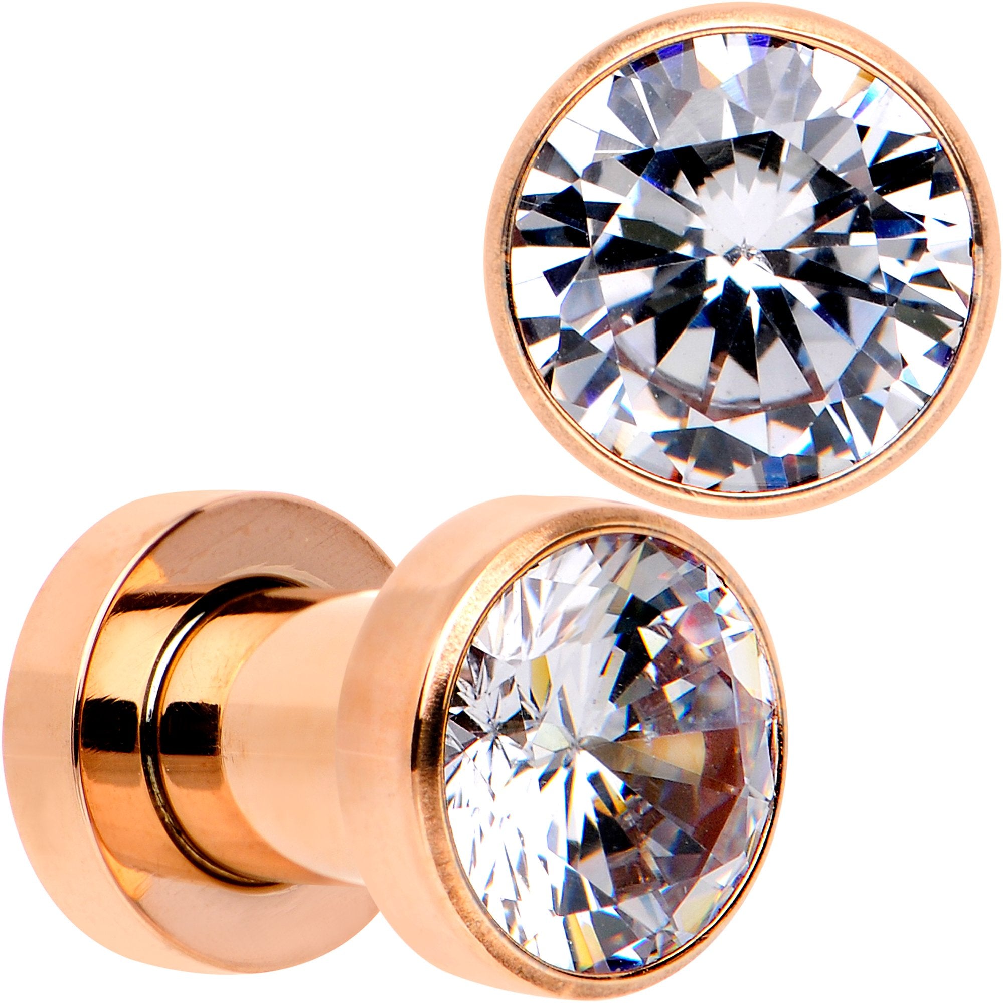 Clear CZ Gem Rose Gold PVD Glitzy Screw Fit Tunnel Plug Set