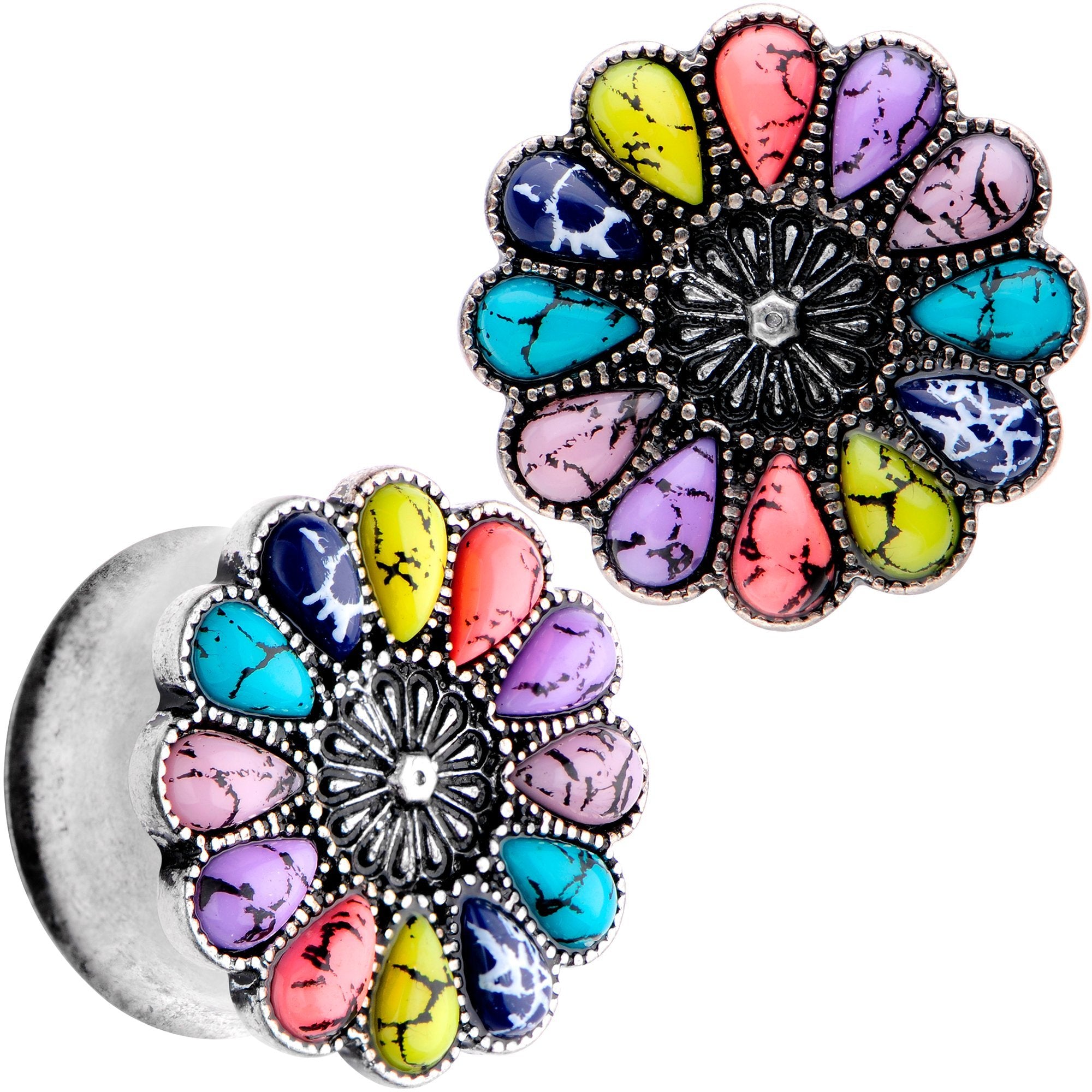 Southwestern Pinwheel Flower Double Flare Plug Set Set 2 Gauge to 22mm