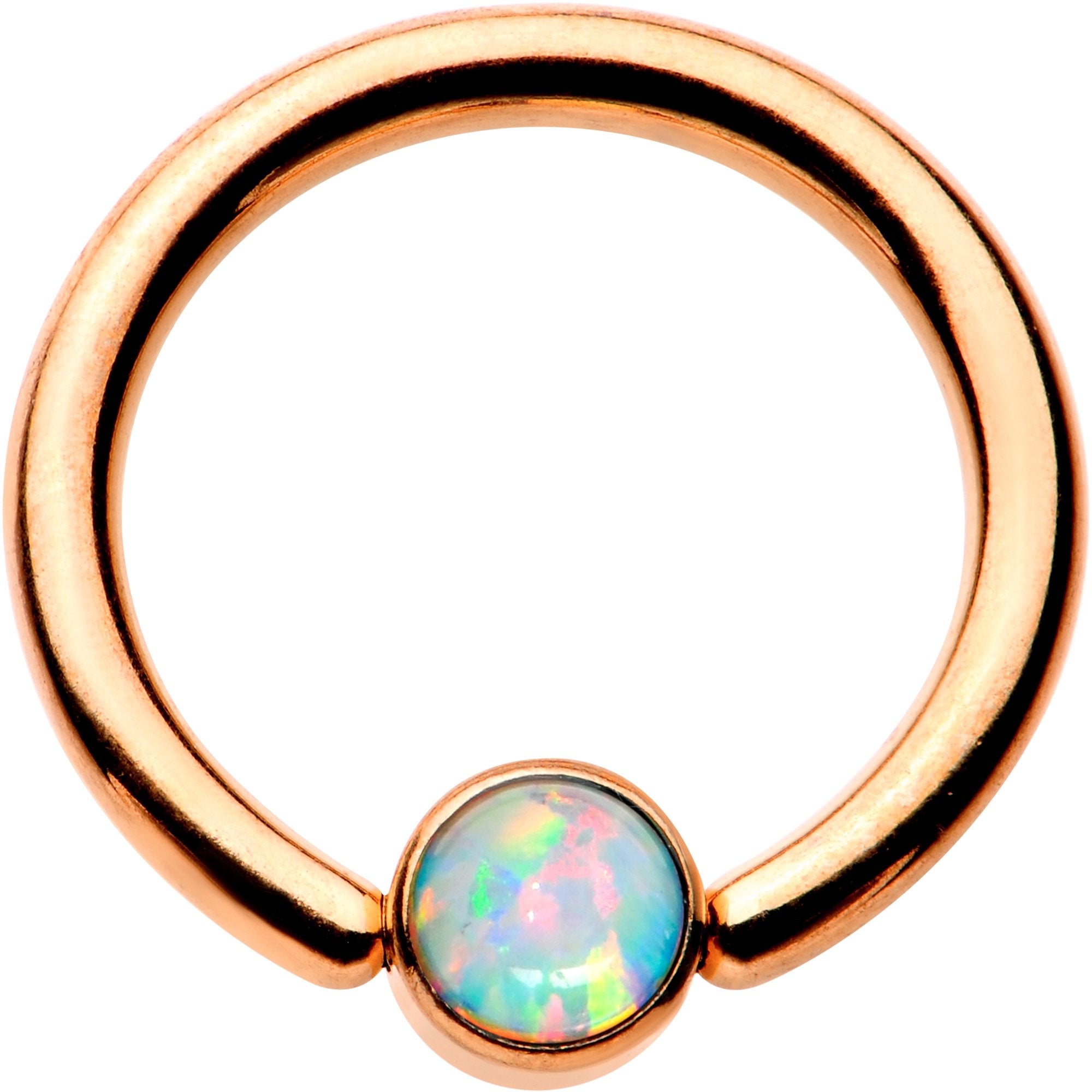 14 Gauge 3/8 White Faux Opal Rose Gold IP BCR Captive Ring