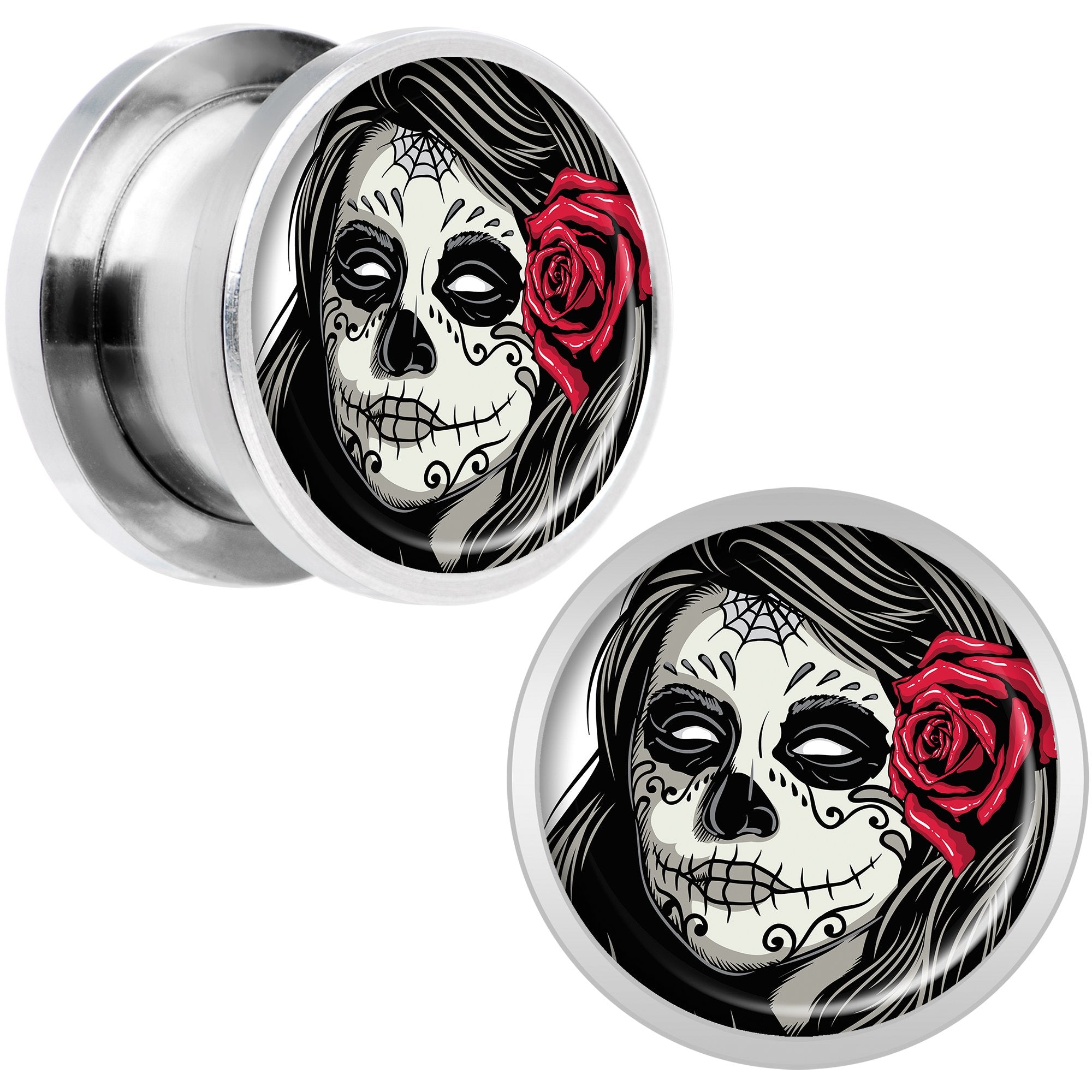 Katrina Sugar Skull with Rose Flower Steel Screw Fit Plug Set 1/2