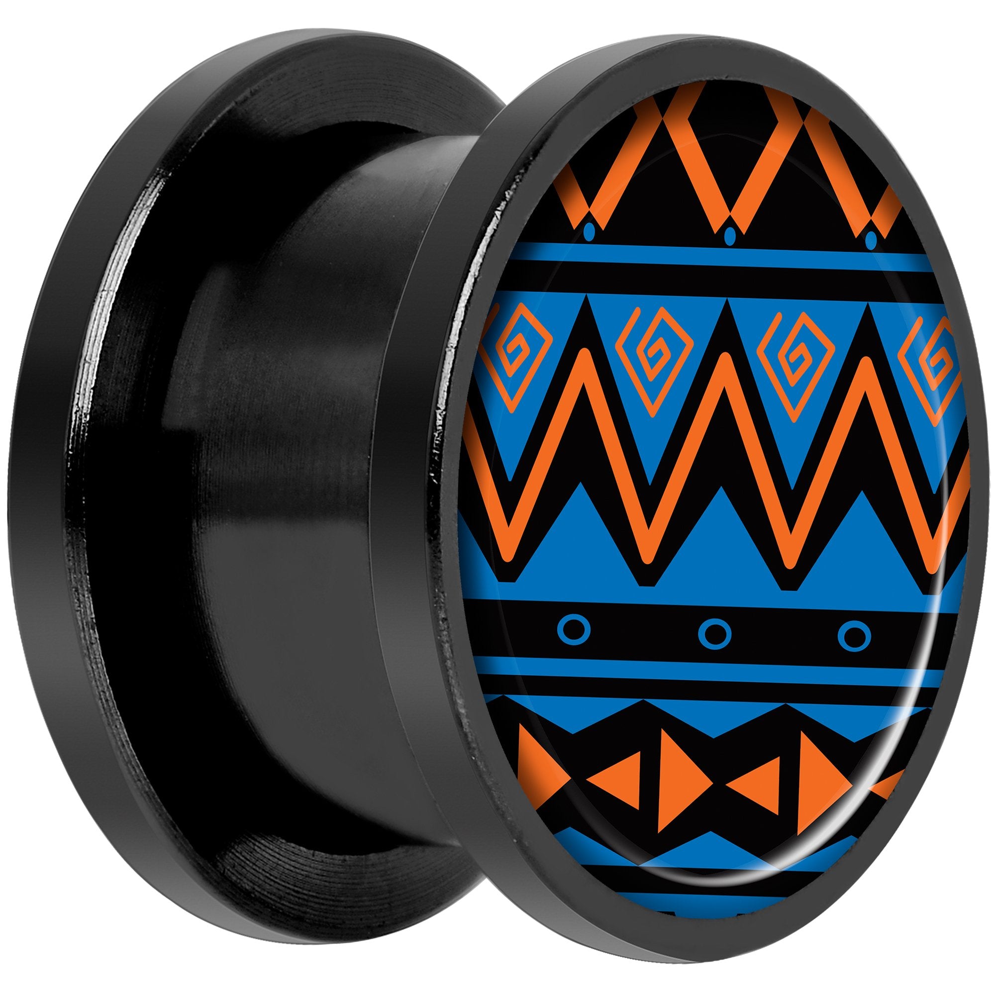 Blue Orange Tribal Print Black Anodized Screw Fit Plug Set 9/16