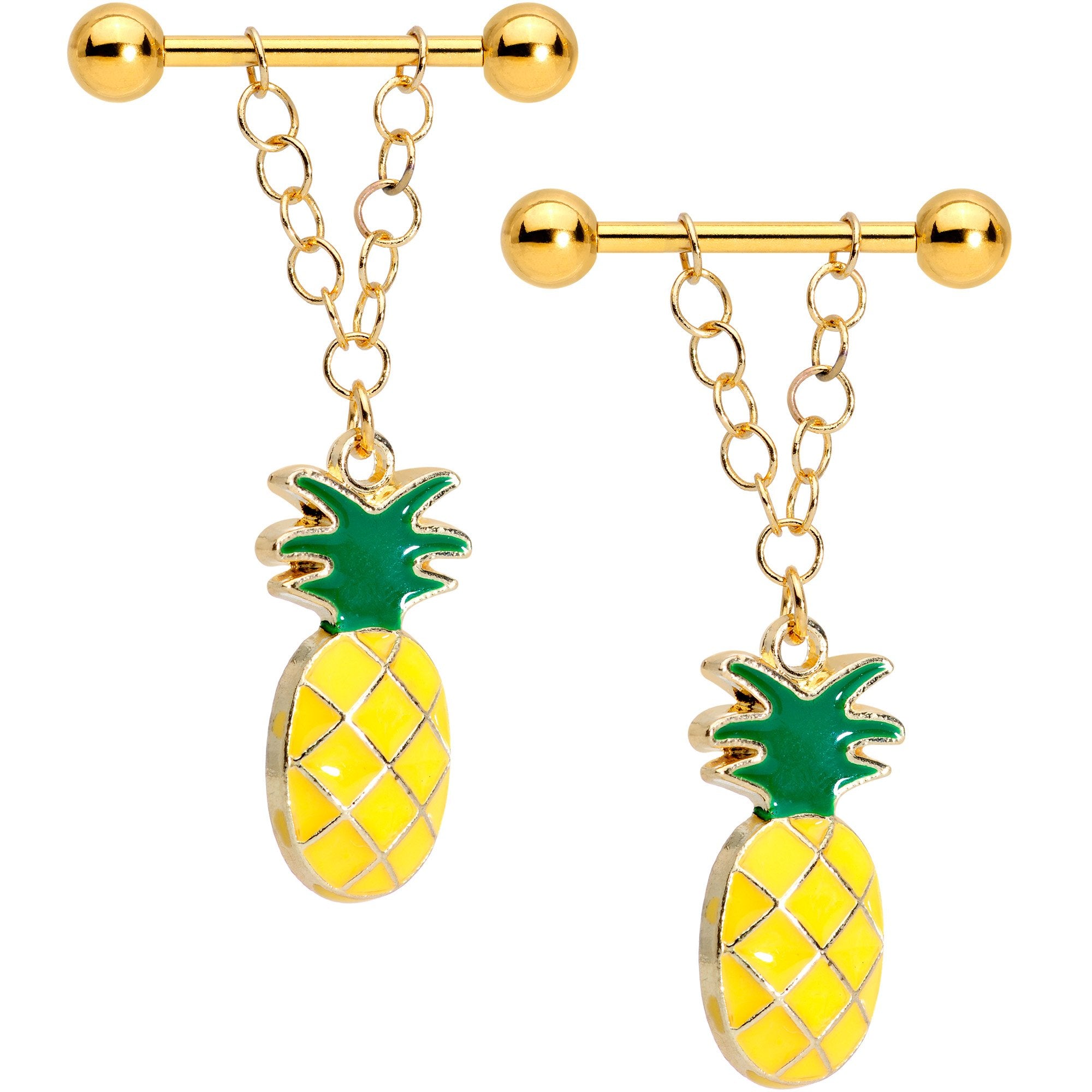 Handcrafted Yellow Summer Pineapple Dangle Barbell Nipple Ring Set