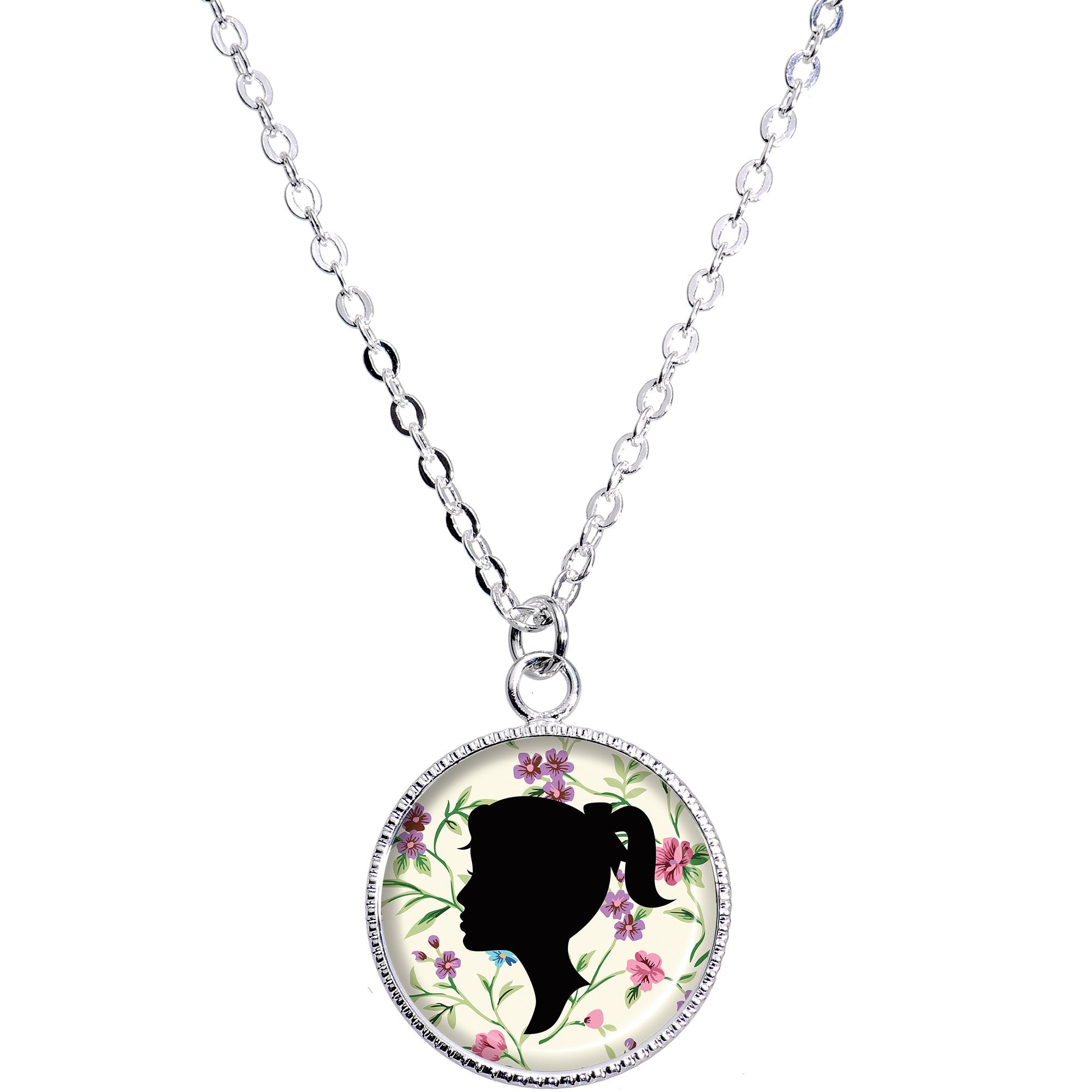 Woman Floral Silhouette Silver Plated Chain Necklace