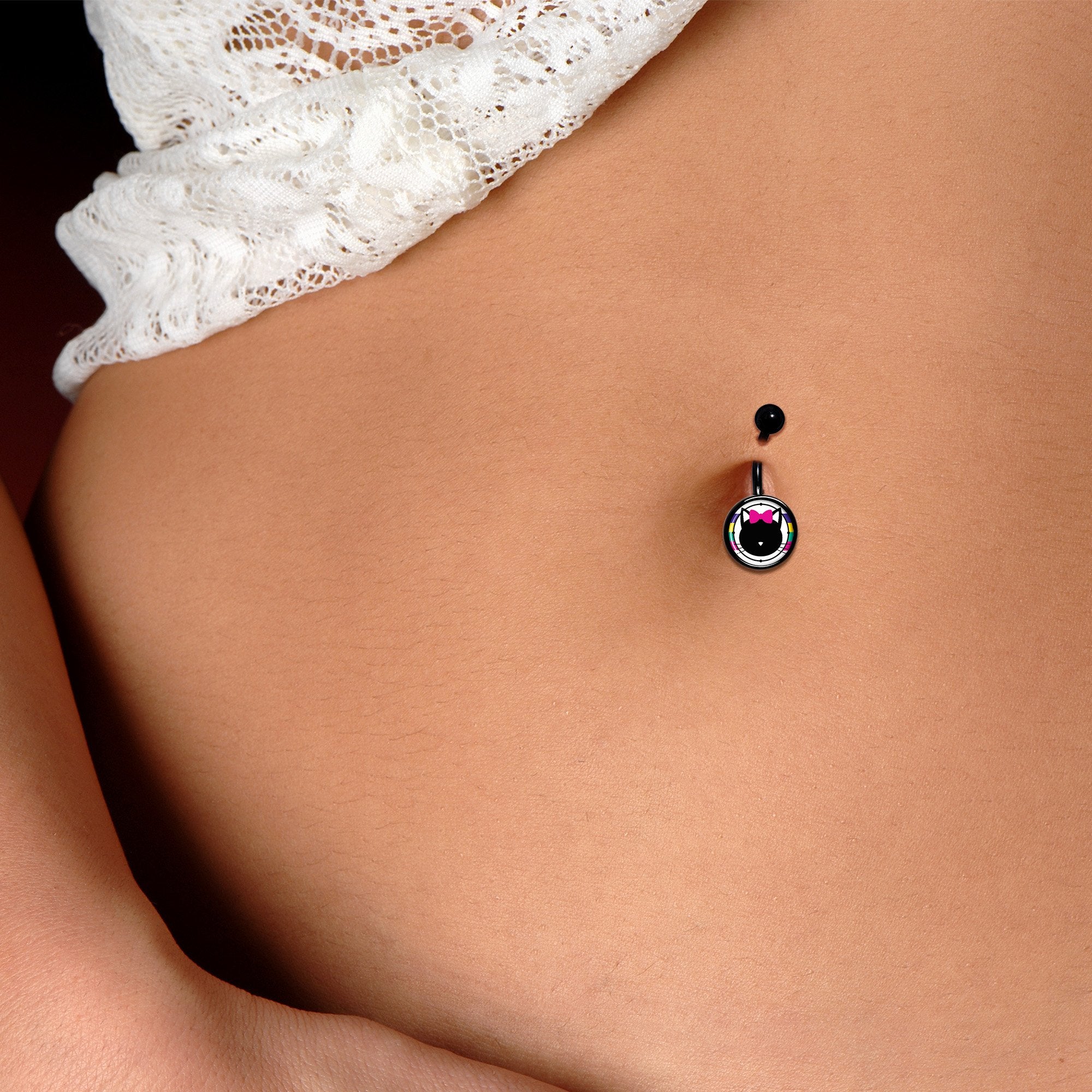 Pink Bow Kitty Cat Craze Black Belly Ring