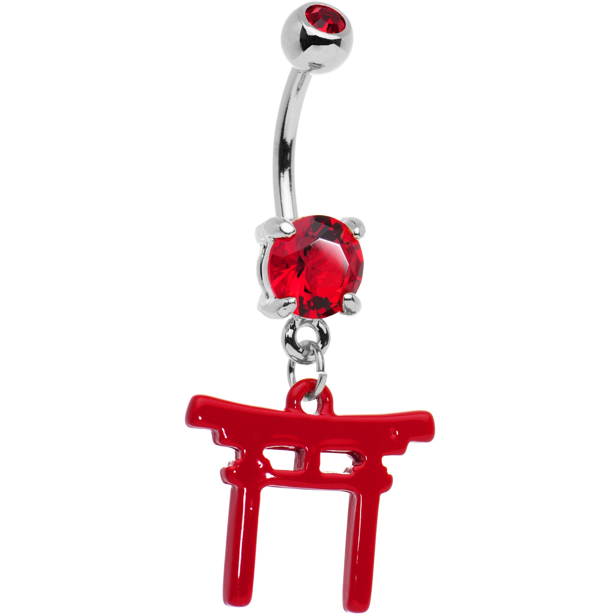 Red CZ Gem Gold PVD Red Japanese Gate Dangle Belly Ring