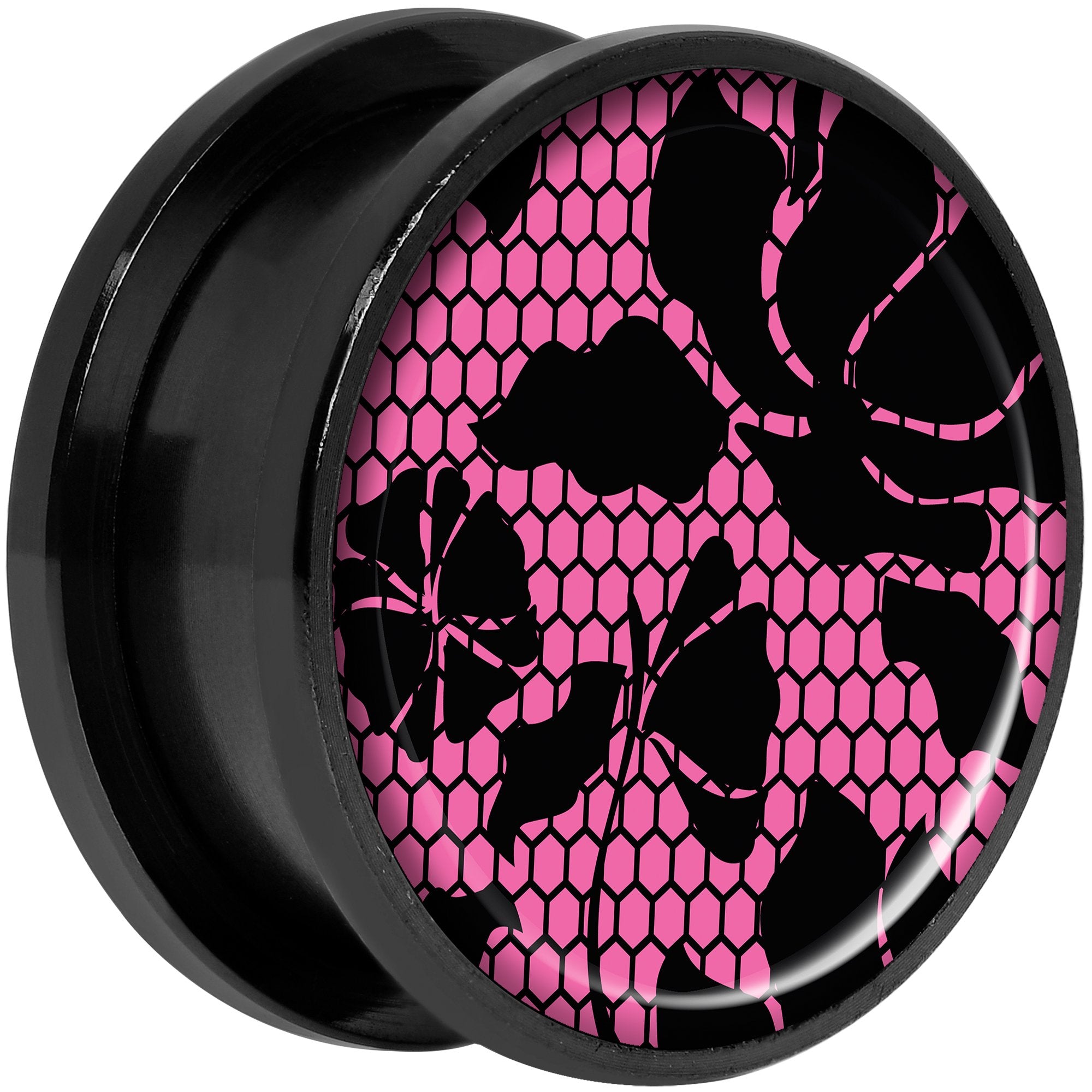 Pink Floral Lace Black Anodized Screw Fit Plug Set 20mm