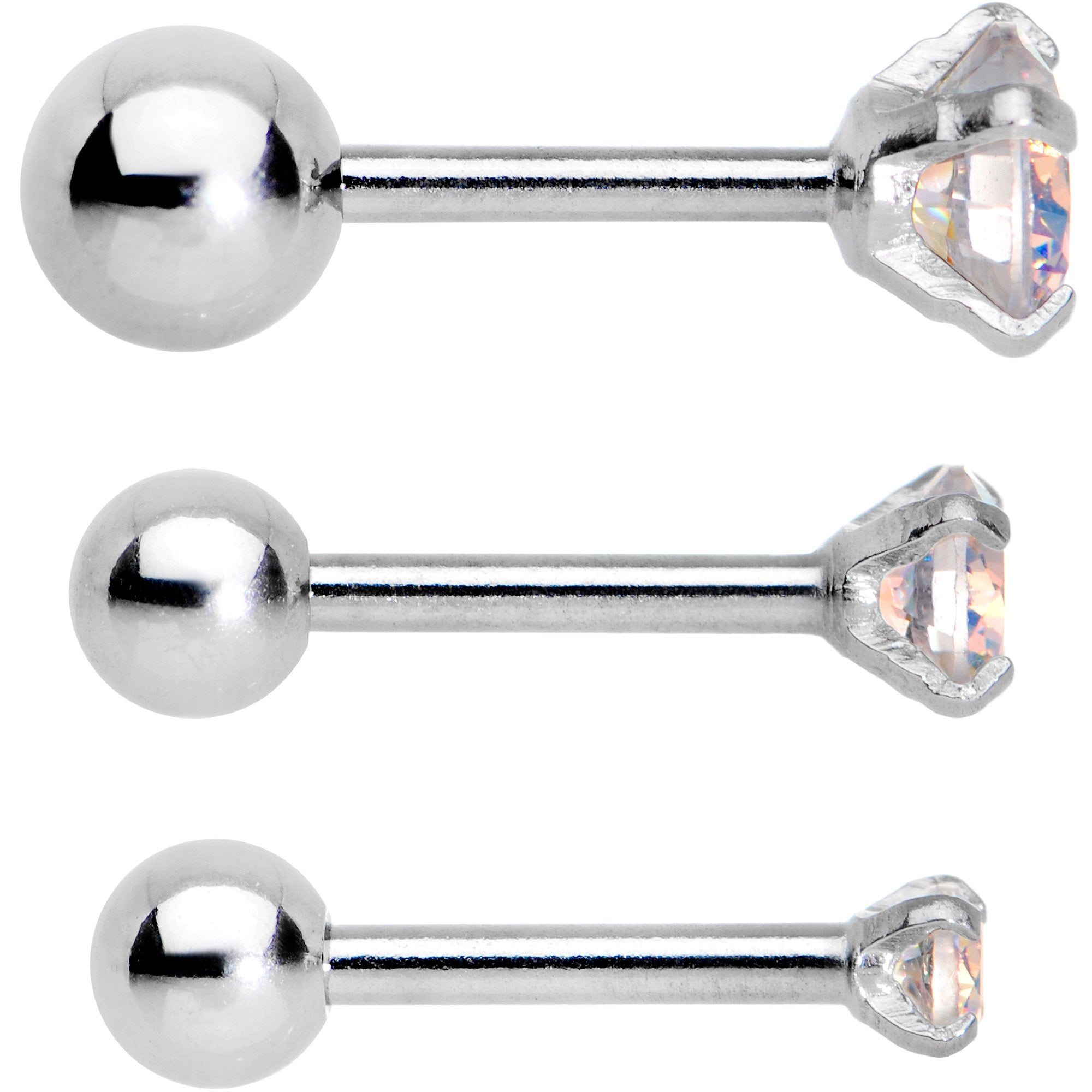 18 Gauge 5/16 Aurora CZ Gem Tragus Cartilage Earring 3 Pack Set