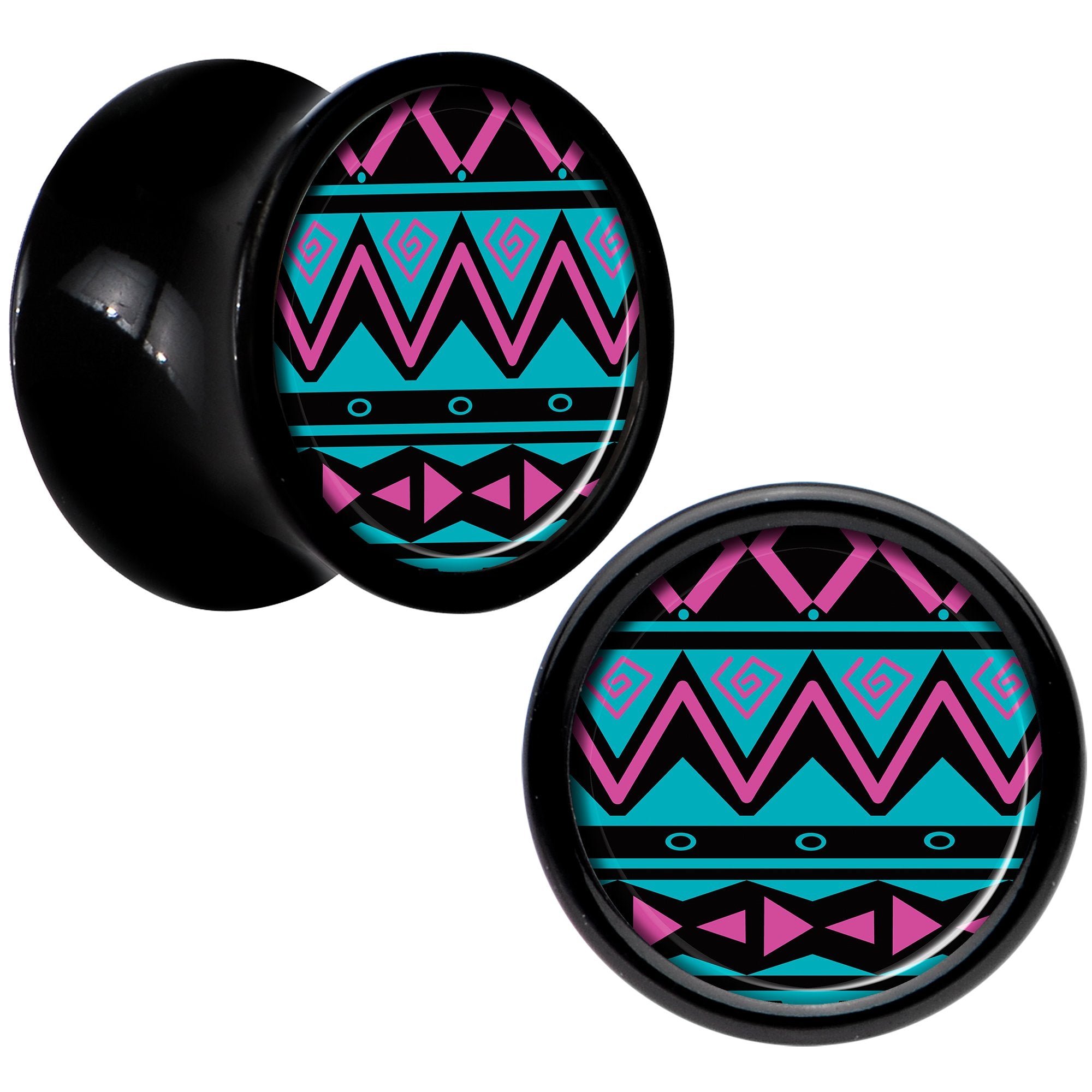 Black Acrylic Pink Teal Tribal Print Saddle Plug Set 0 Gauge