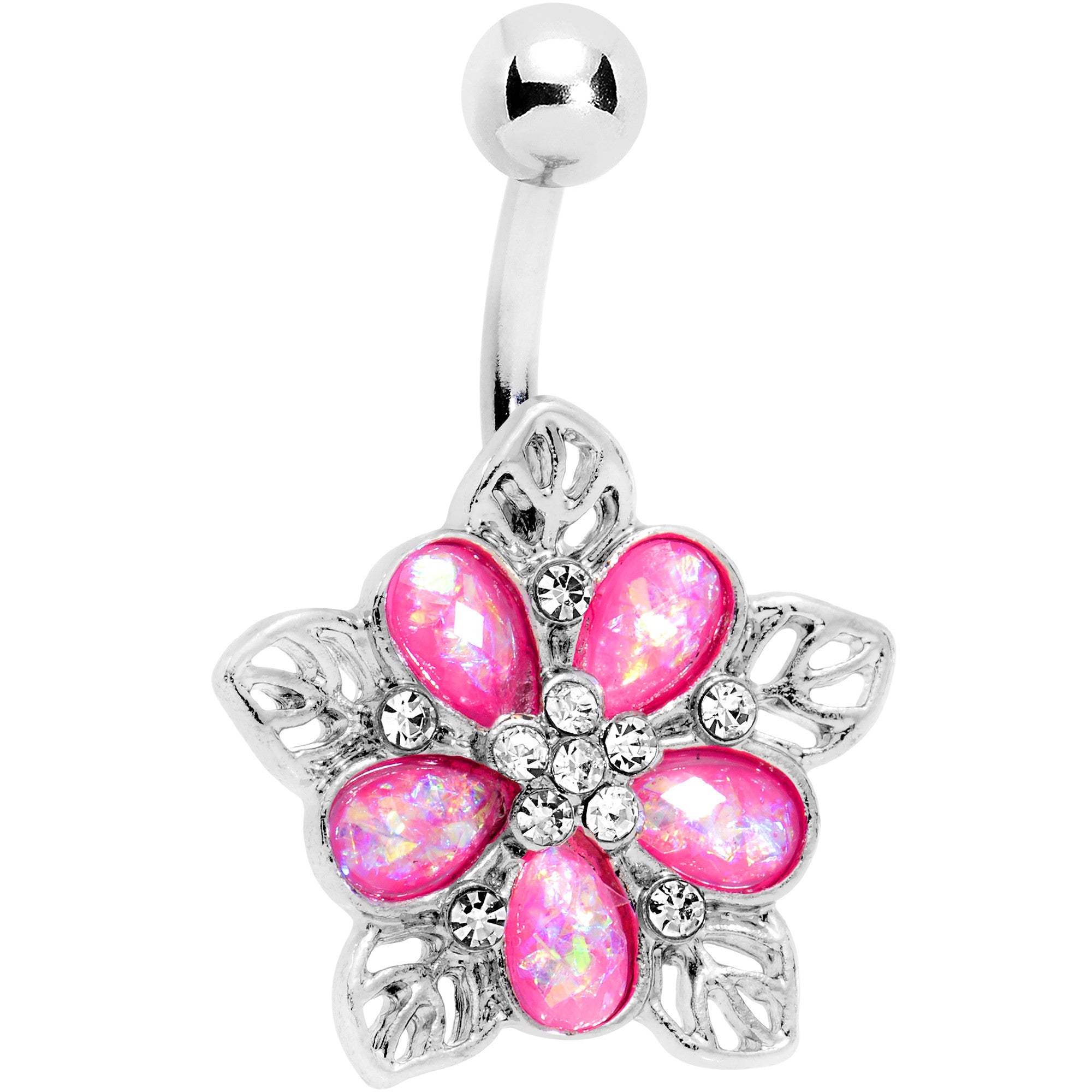 Pink Faux Opal Filigree Holiday Flower Belly Ring