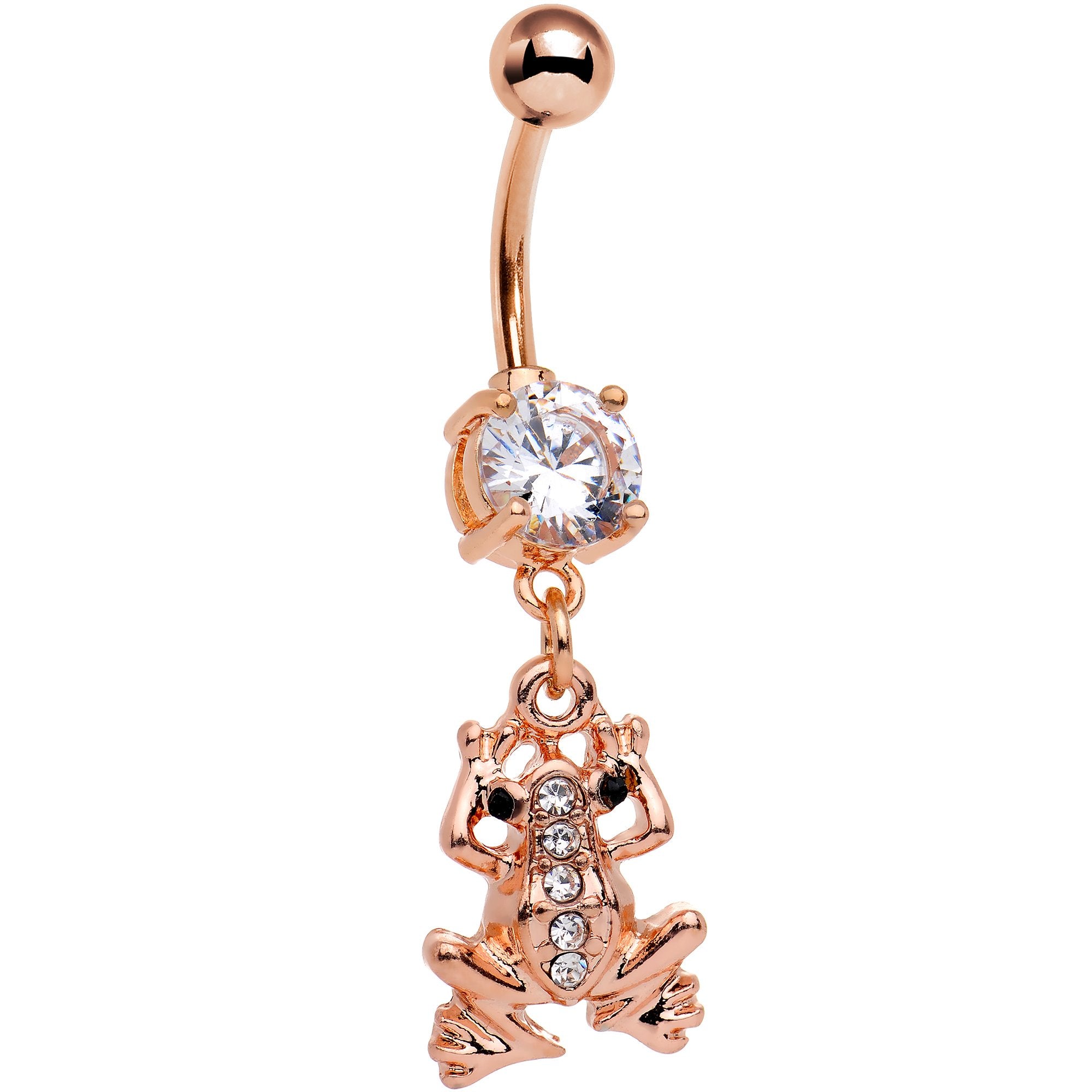 Clear Gem Rose Gold PVD Friendly Froggy Dangle Belly Ring