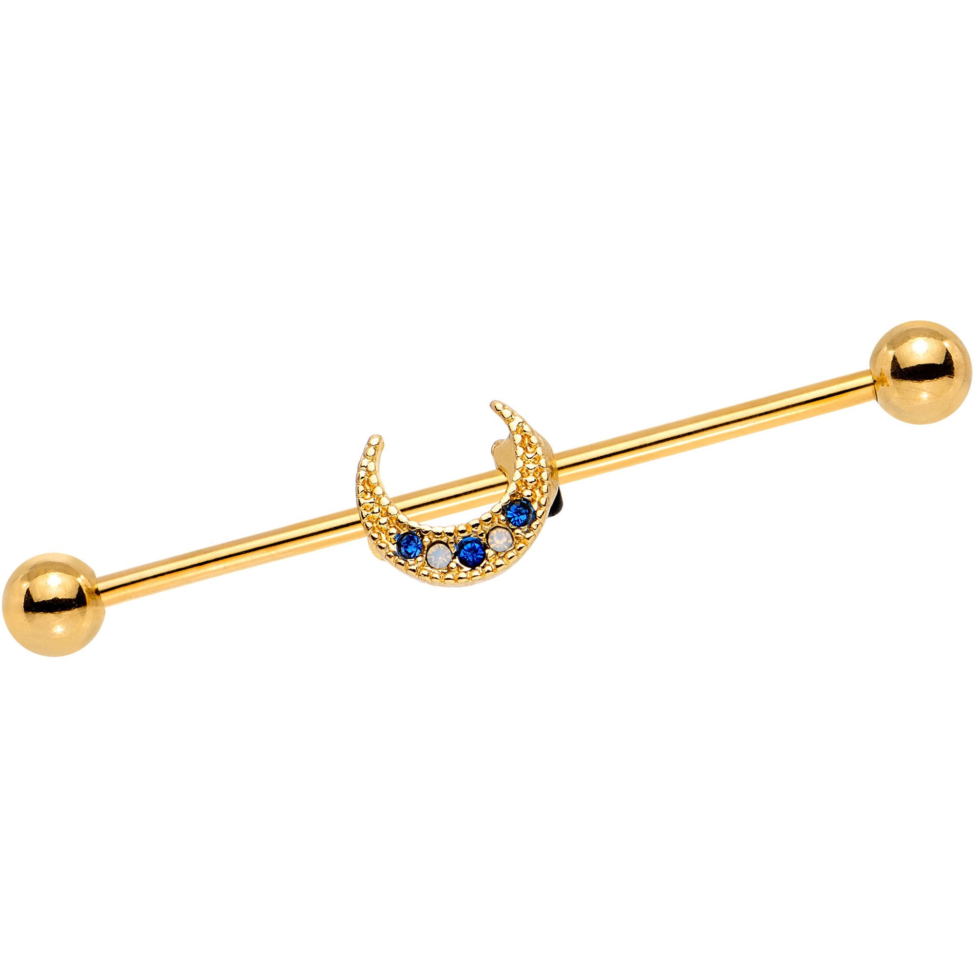 Blue CZ Gem Gold PVD Upward Crescent Moon Industrial Barbell 38mm