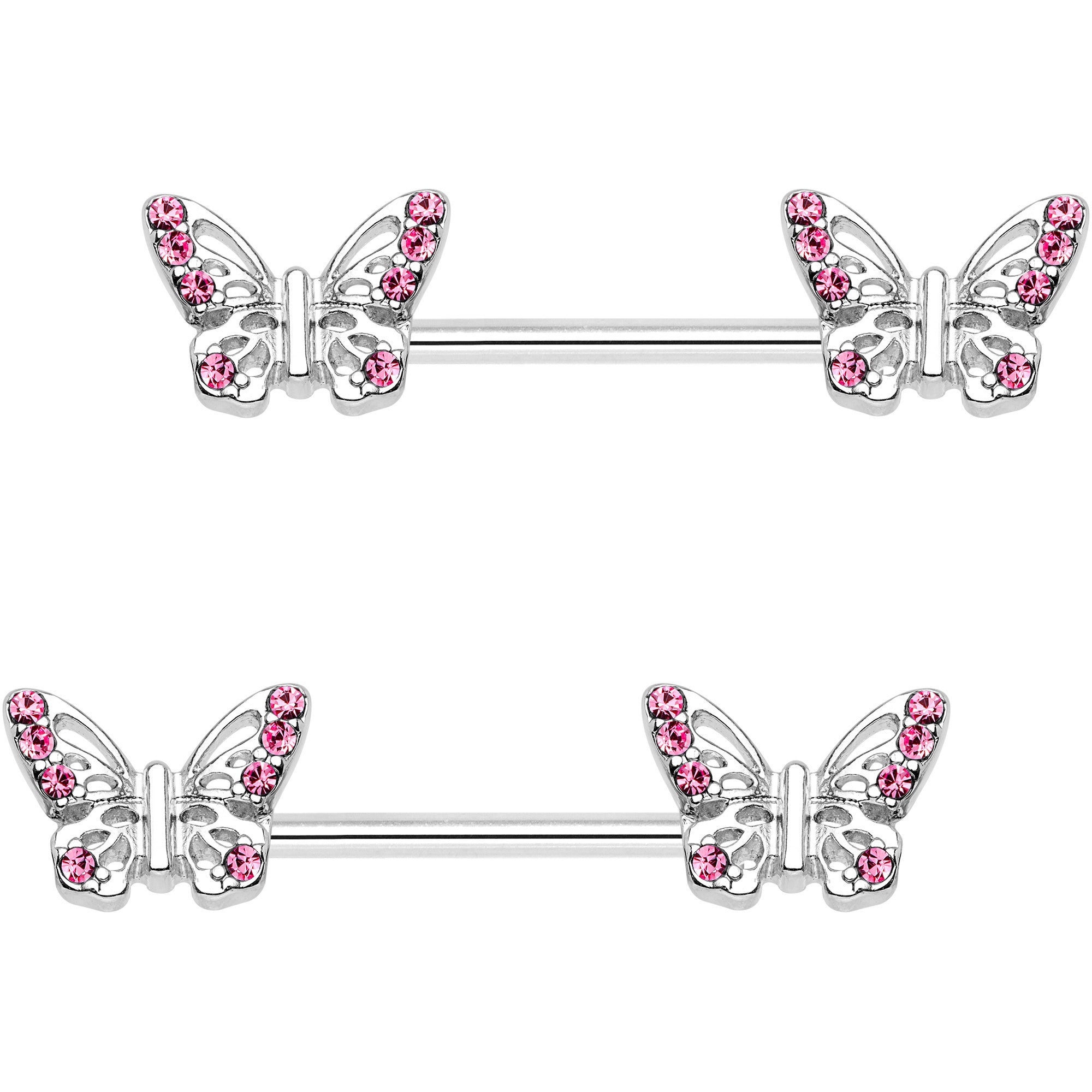 9/16 Pink CZ Gem Fluttering Butterfly Barbell Nipple Ring Set