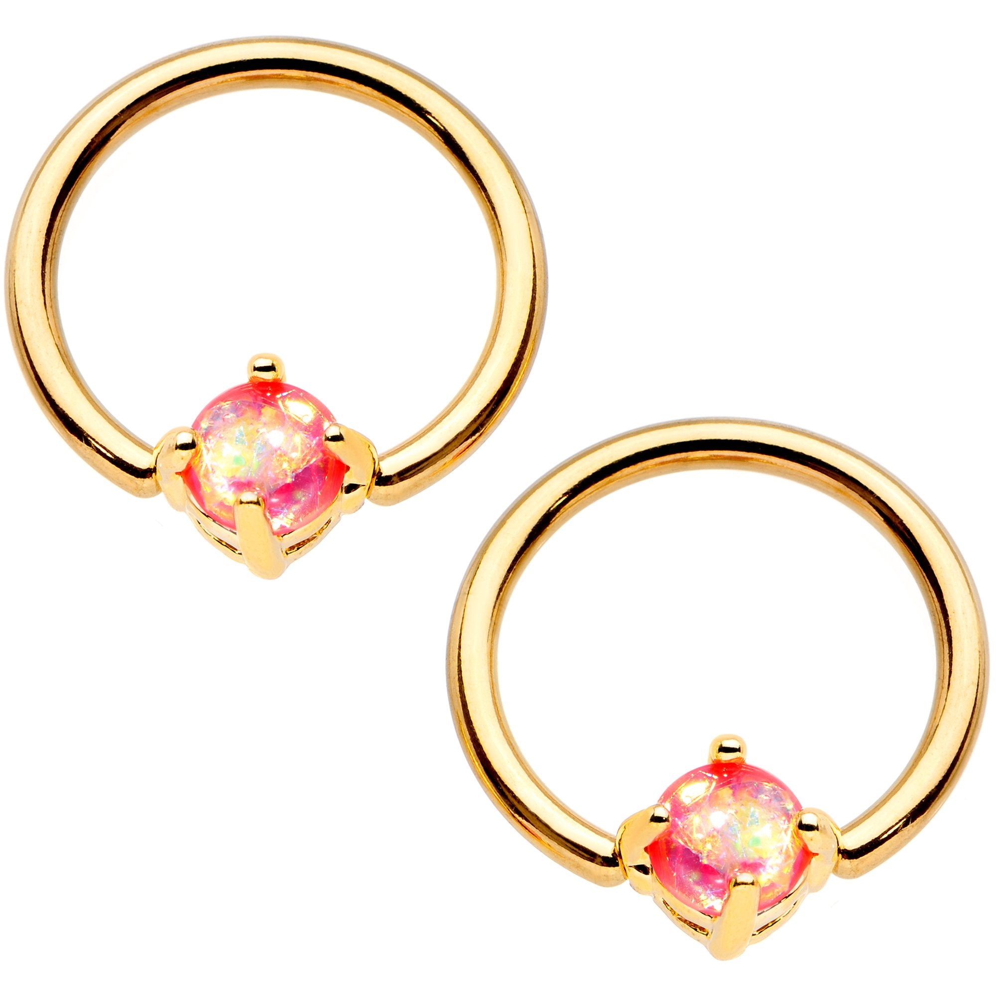 Pink Faux Opal Gold Tone Captive Ring Straight Barbell Nipple Ring Set