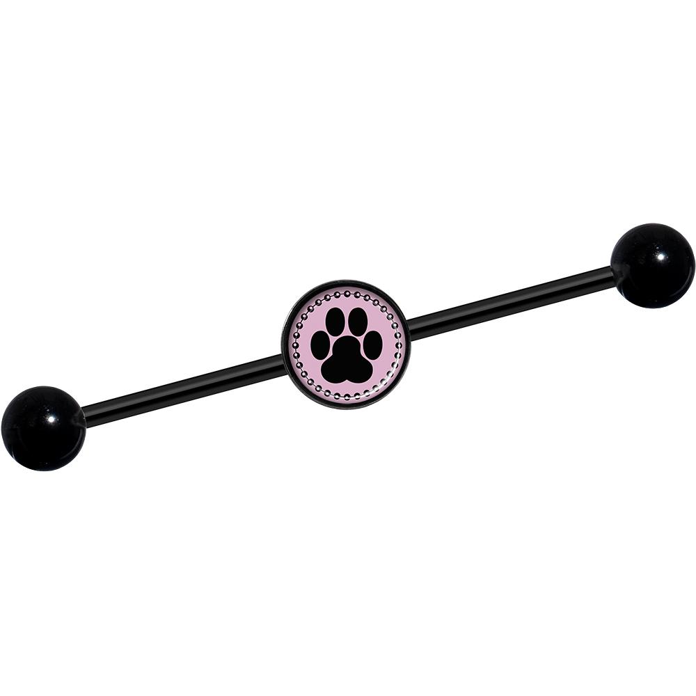 14 Gauge Black on Pink Paw Print Black Industrial Barbell 37mm