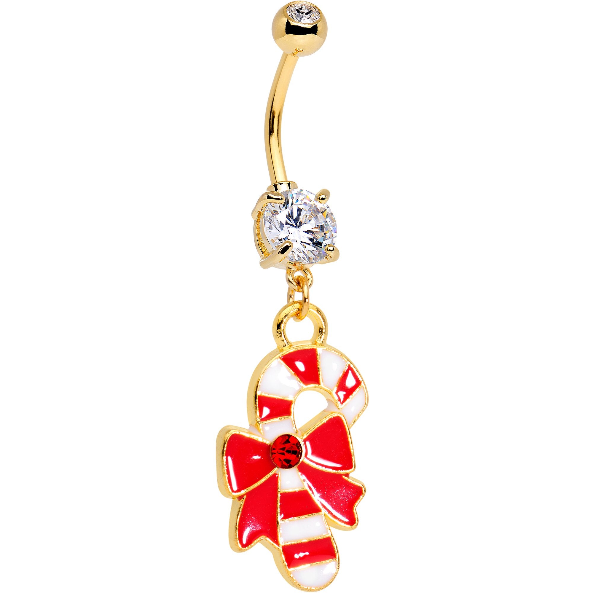 Red CZ Gem Gold Tone Anodized Bow Candy Cane Dangle Belly Ring