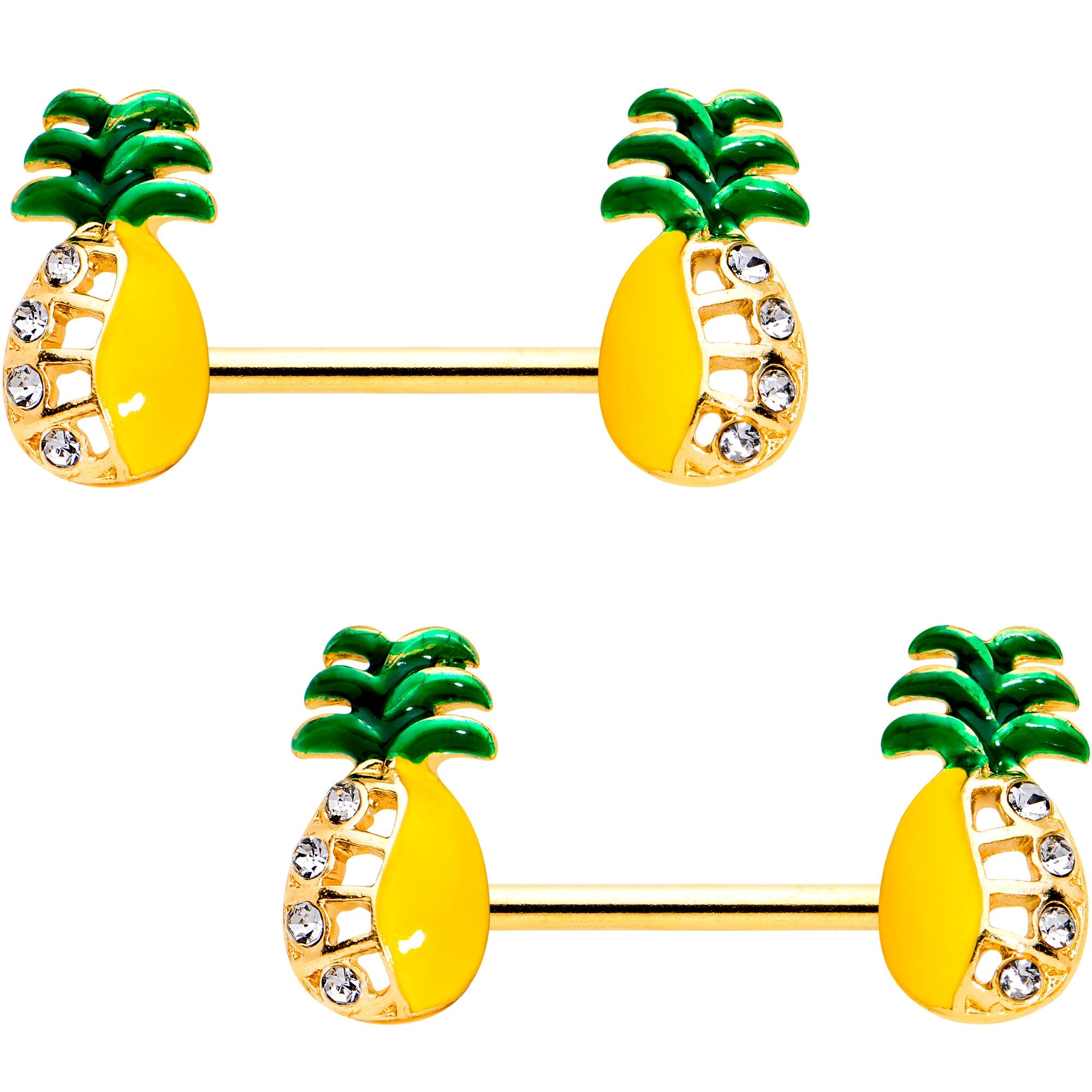 9/16 Clear Gem Gold PVD Half Paved Pineapple Barbell Nipple Ring Set