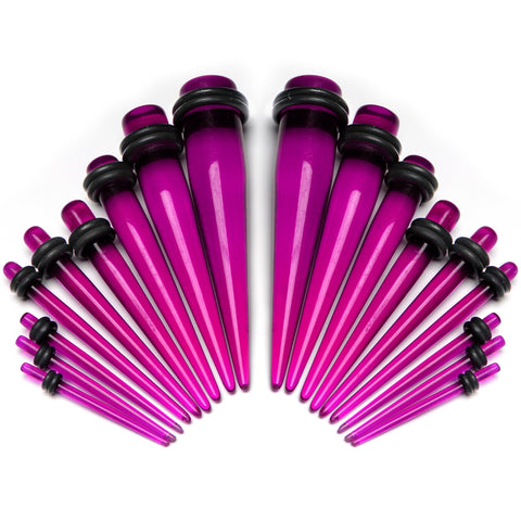 14 To 00 Gauge Fuchsia Acrylic Straight Taper Set 18 Piece Stretching 