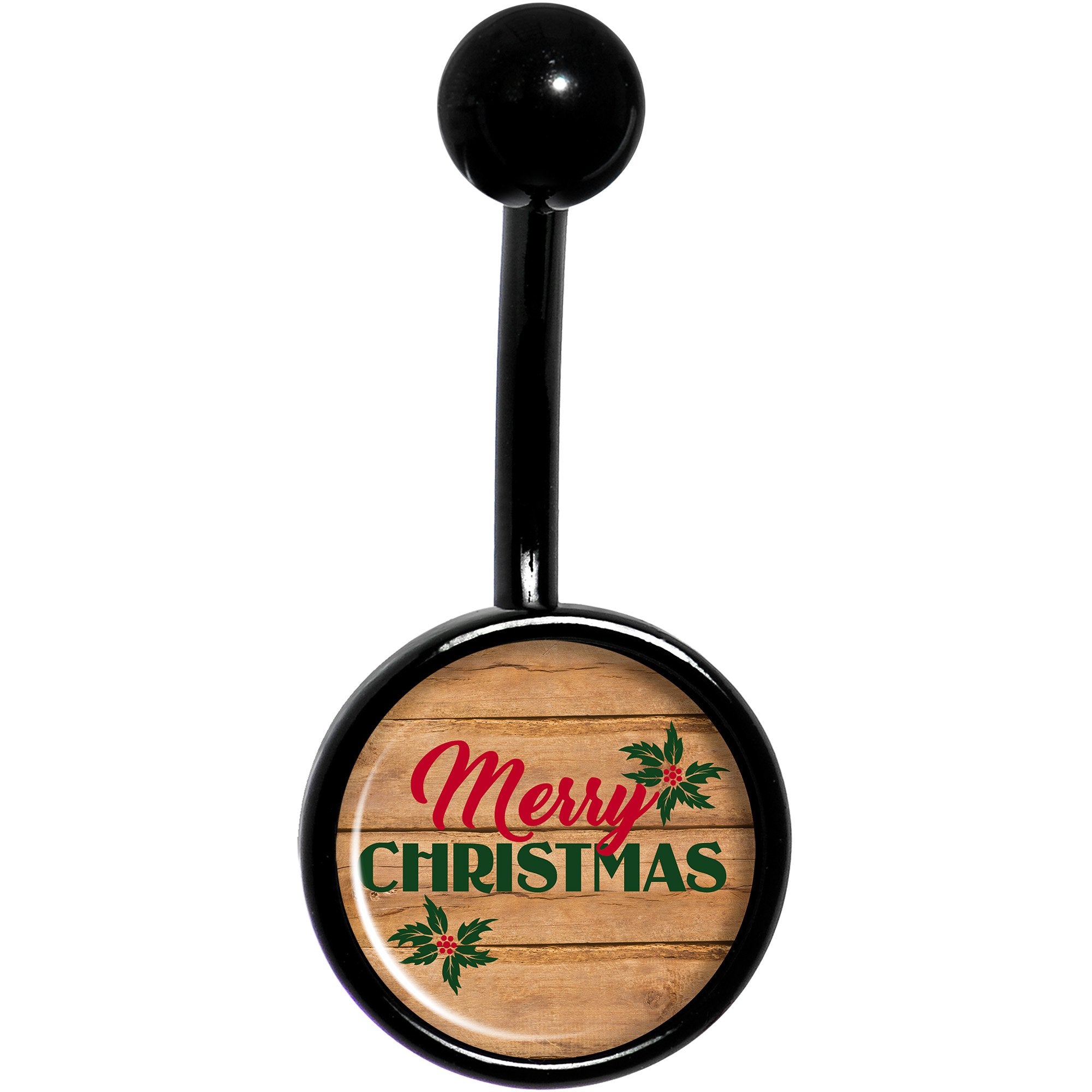 Rustic Wood Merry Christmas Black Belly Ring