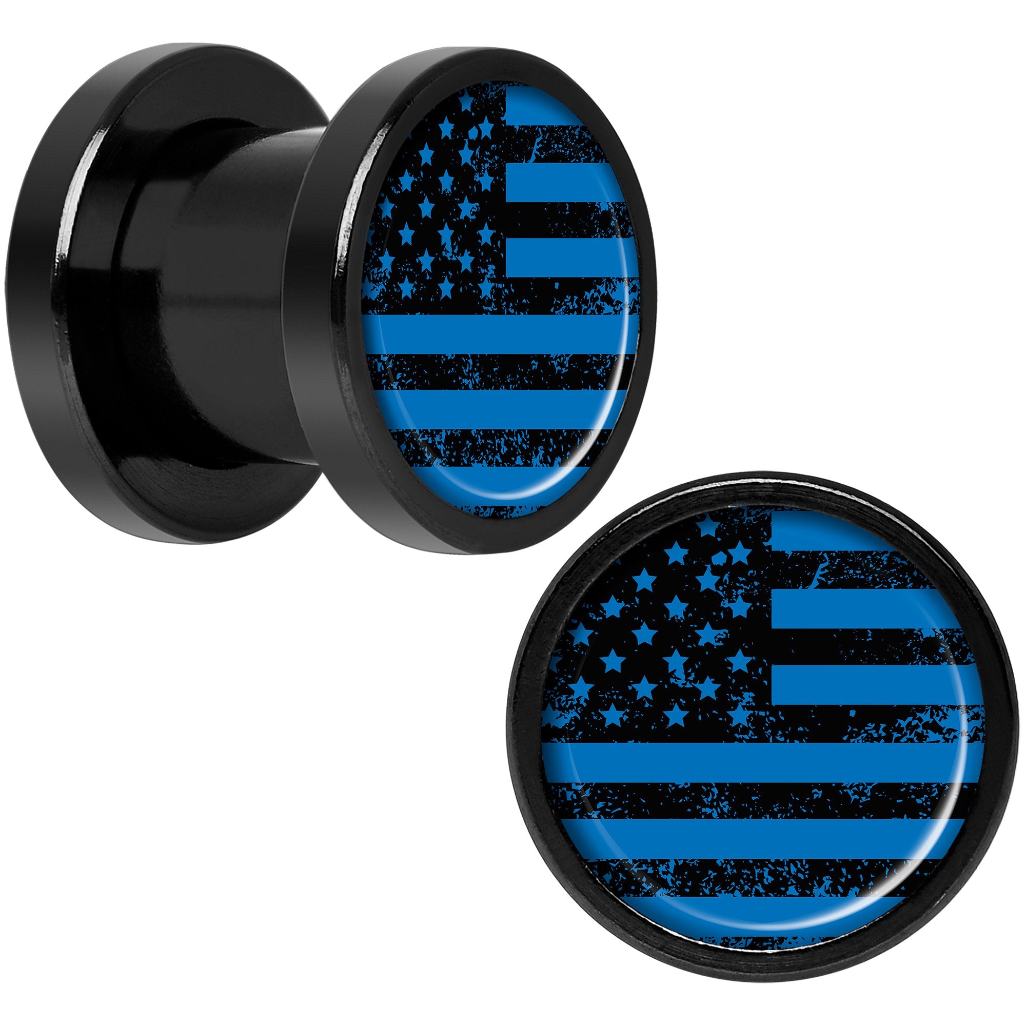 Blue American Flag Black Anodized Screw Fit Plug Set 0 Gauge