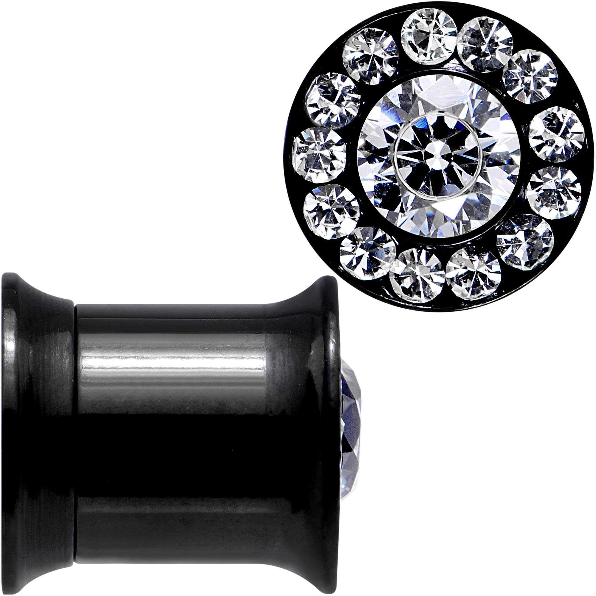 0 Gauge Clear CZ Gem Black PVD Goddess of Glam Screw Fit Plug Set