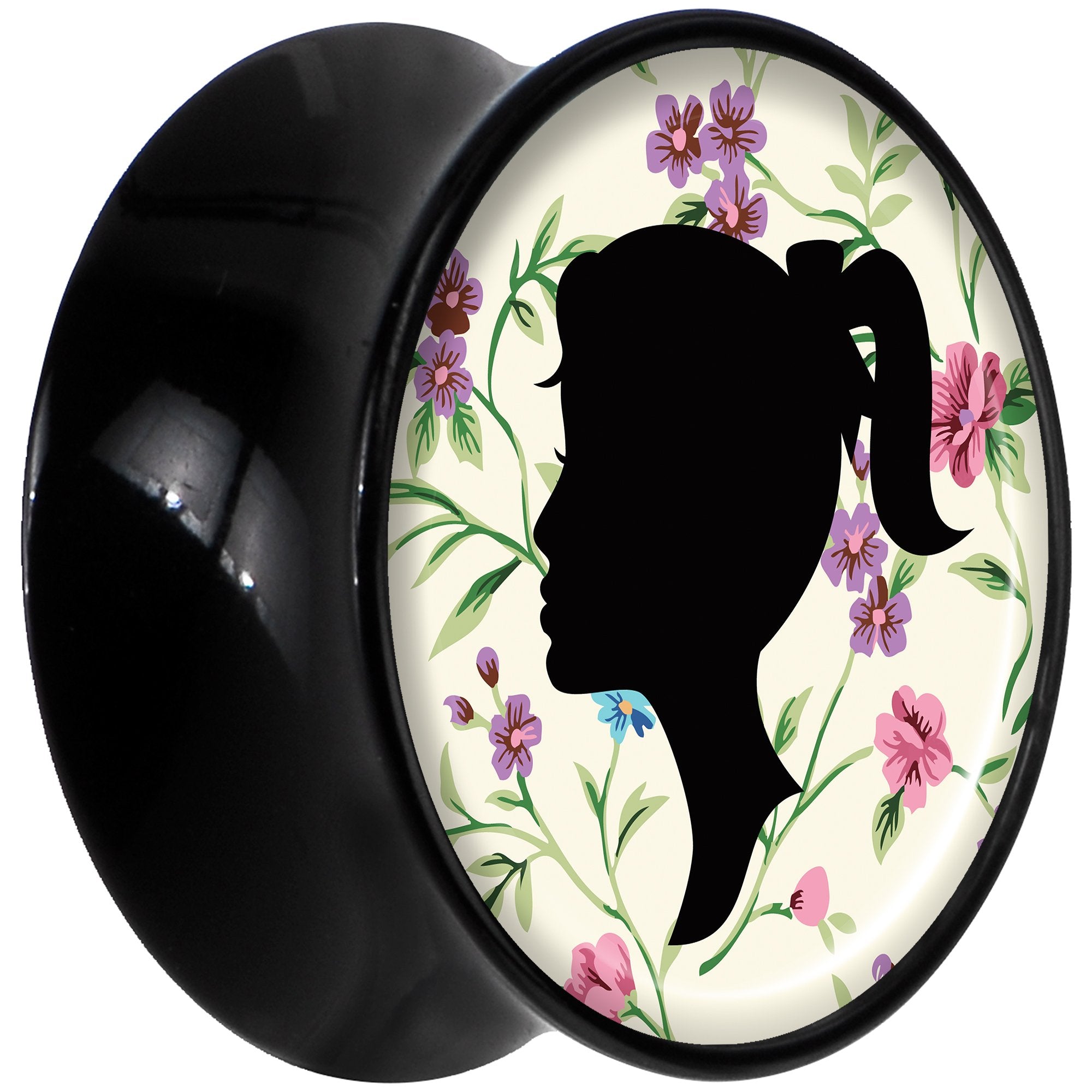 Black Acrylic Man Woman Floral Silhouette Saddle Plug Set 9/16