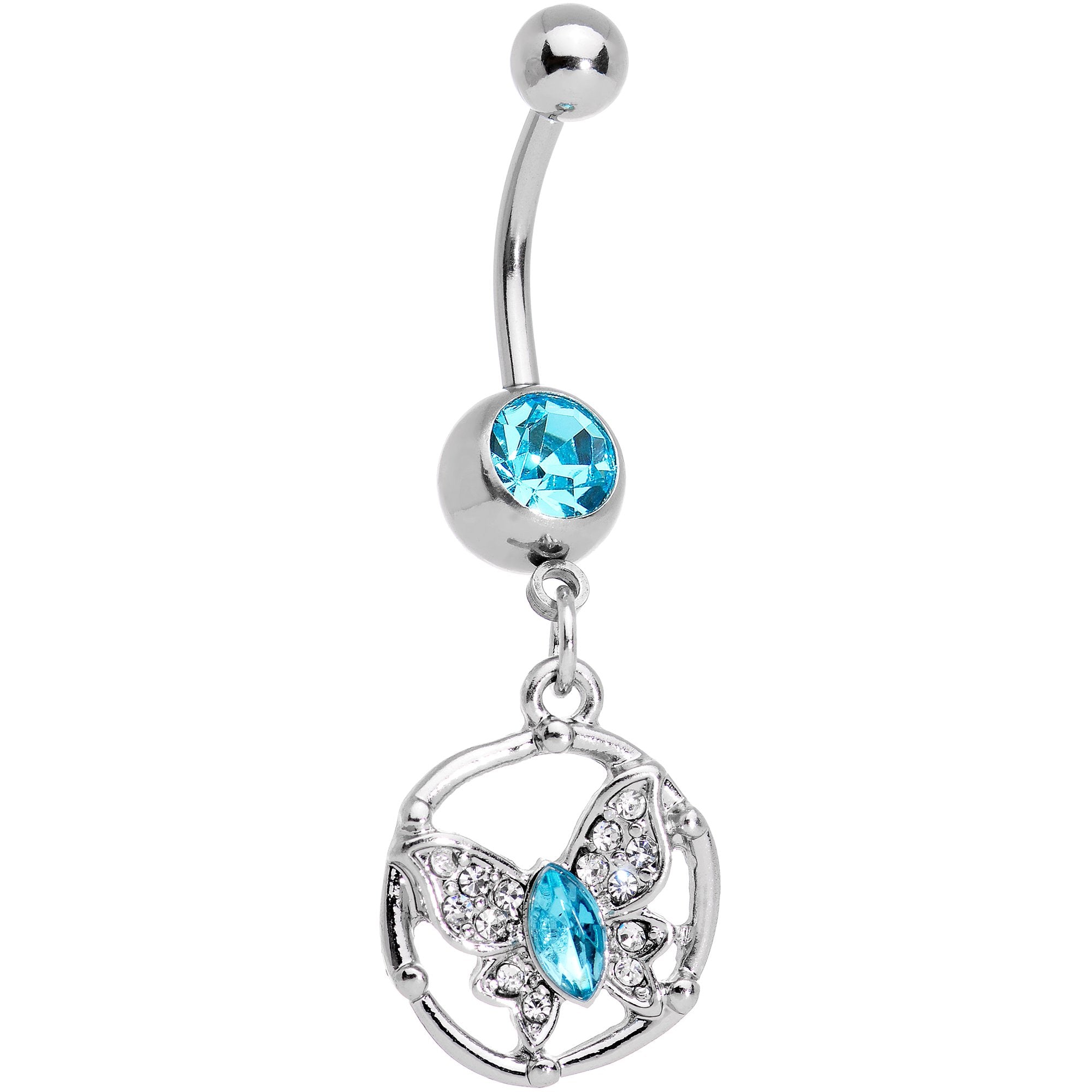 Blue Gem CZ Butterfly Halo Dangle Belly Ring