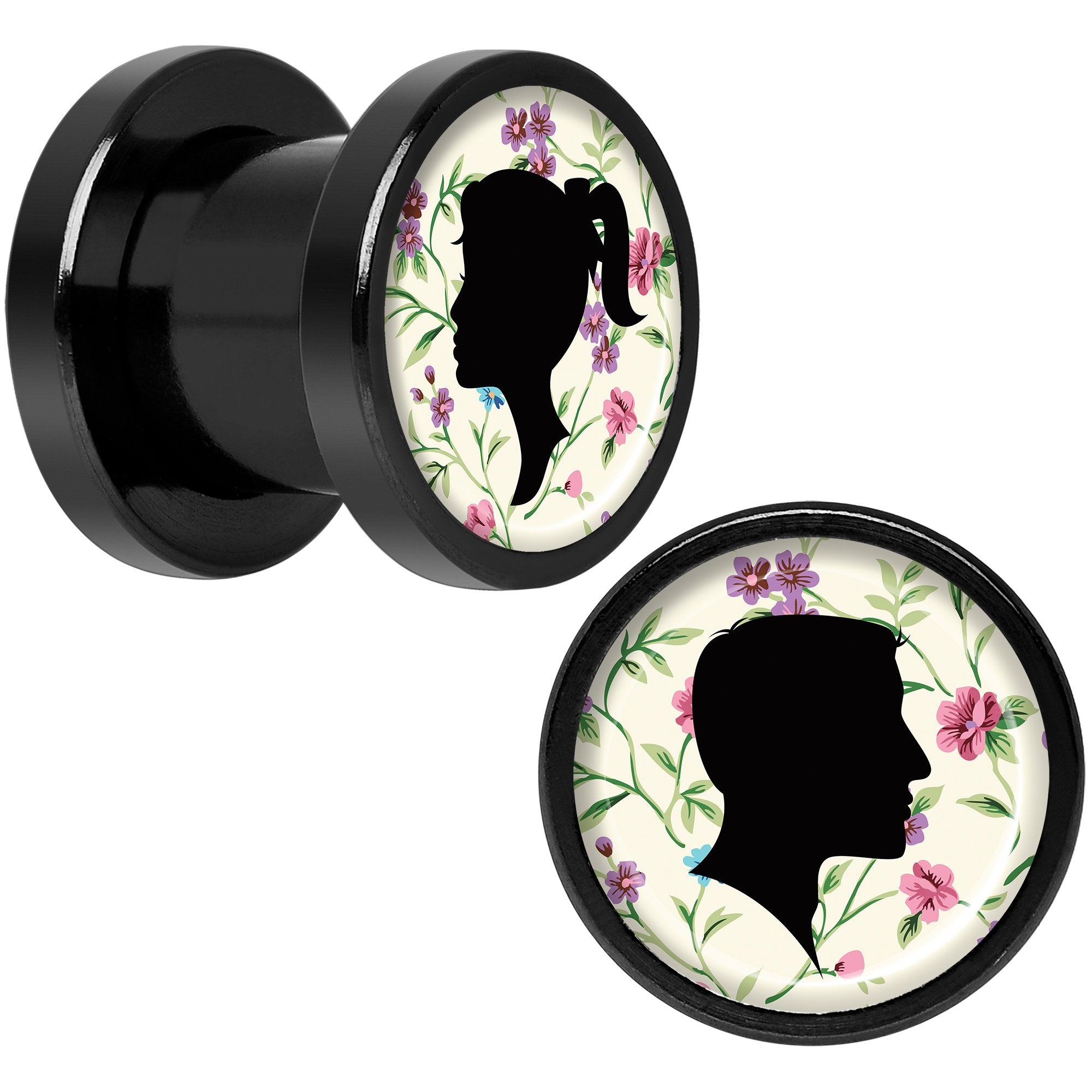 Man Woman Floral Silhouette Black Anodized Screw Fit Plug Set 0 Gauge