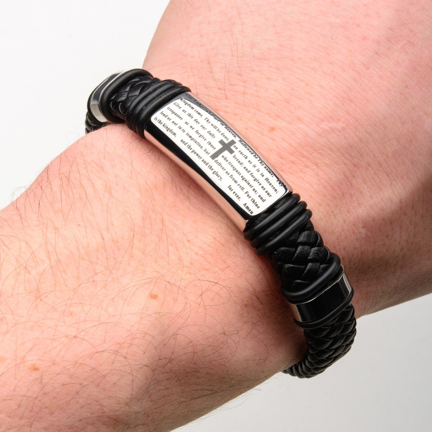 Mens Black Braided Leather with Lord's Prayer ID Steel 14mm Bracelet