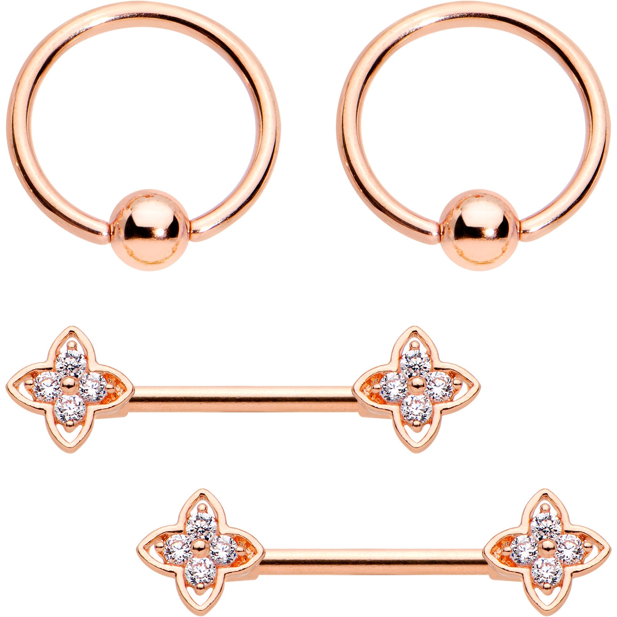 14 Gauge Clear CZ Gem Star Rose Gold Tone BCR Barbell Nipple Ring Set