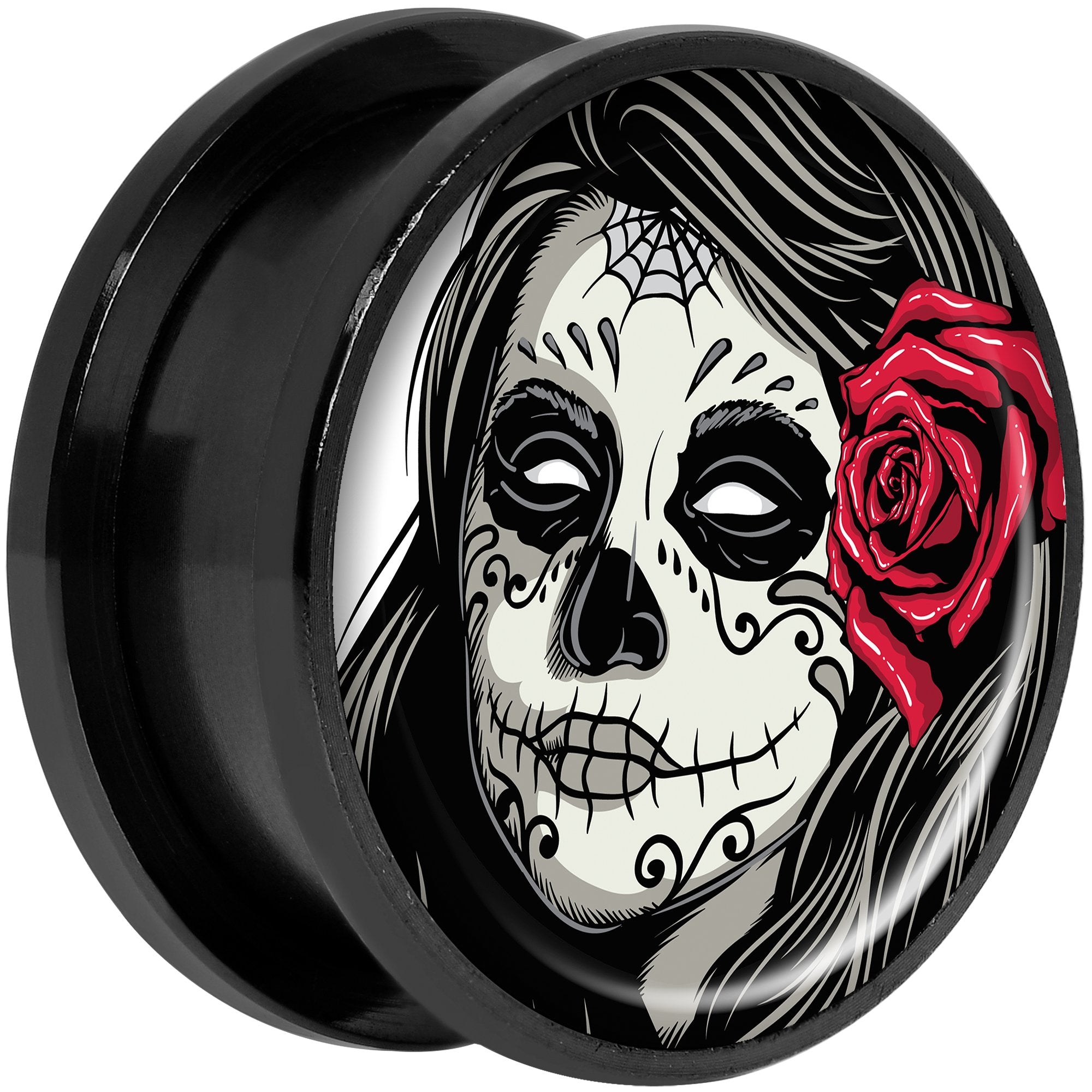 Katrina Sugar Skull with Rose Flower Black Anodized Screw Fit Plug Set 20mm