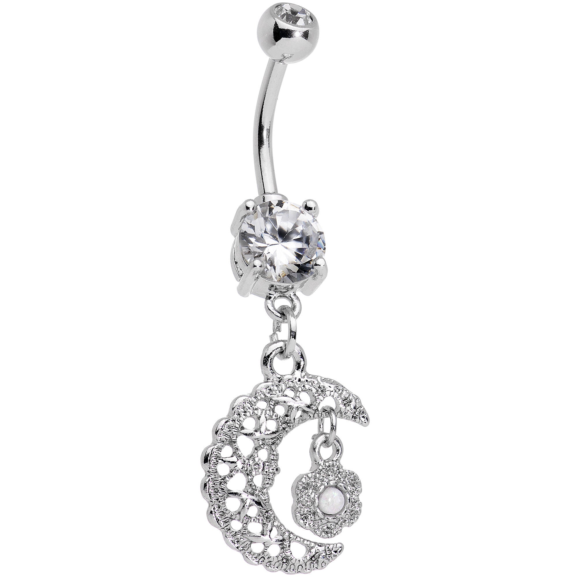 White Faux Opal Flower and Moon Dangle Belly Ring