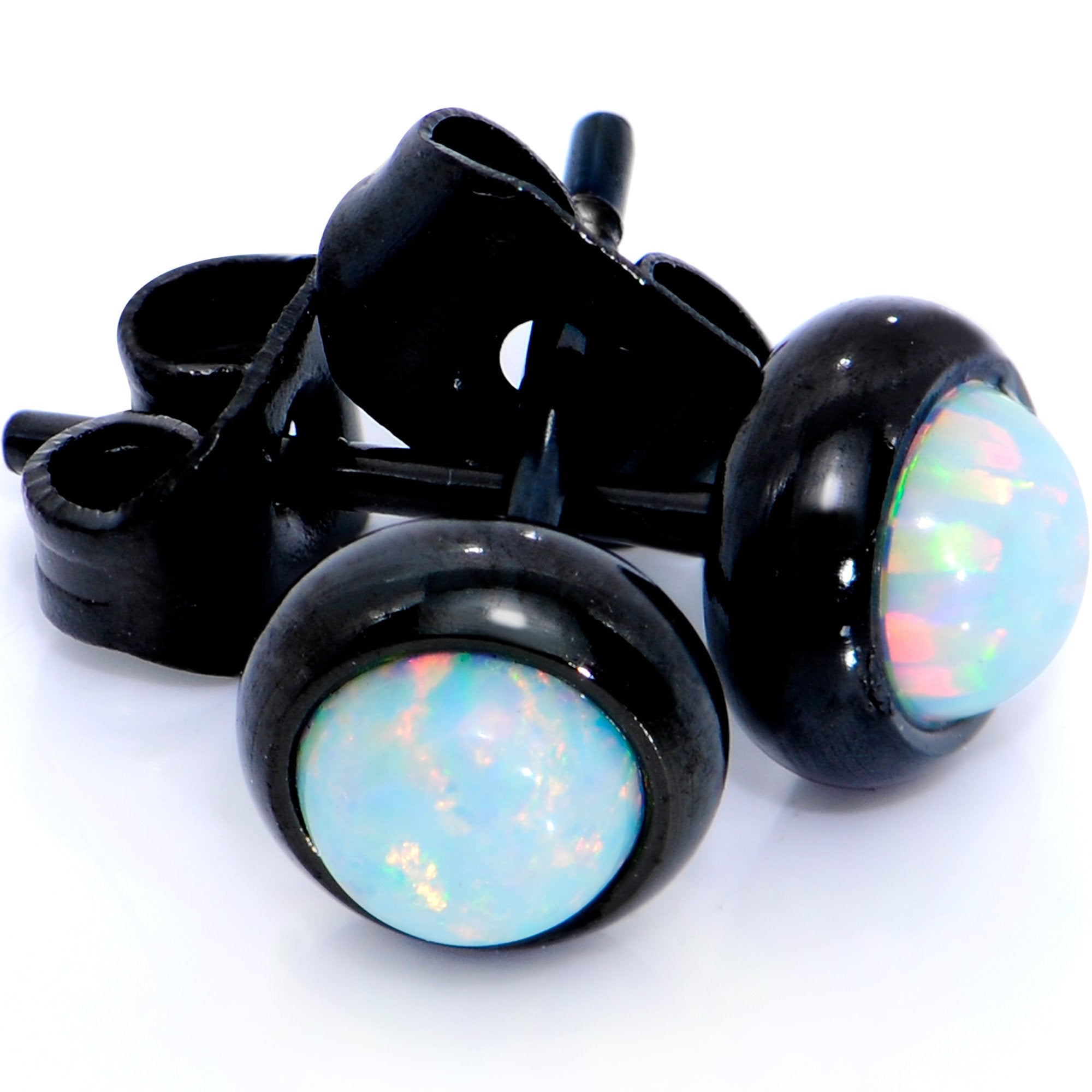 White Synthetic Opal Black IP 316L Surgical Steel Stud Earrings