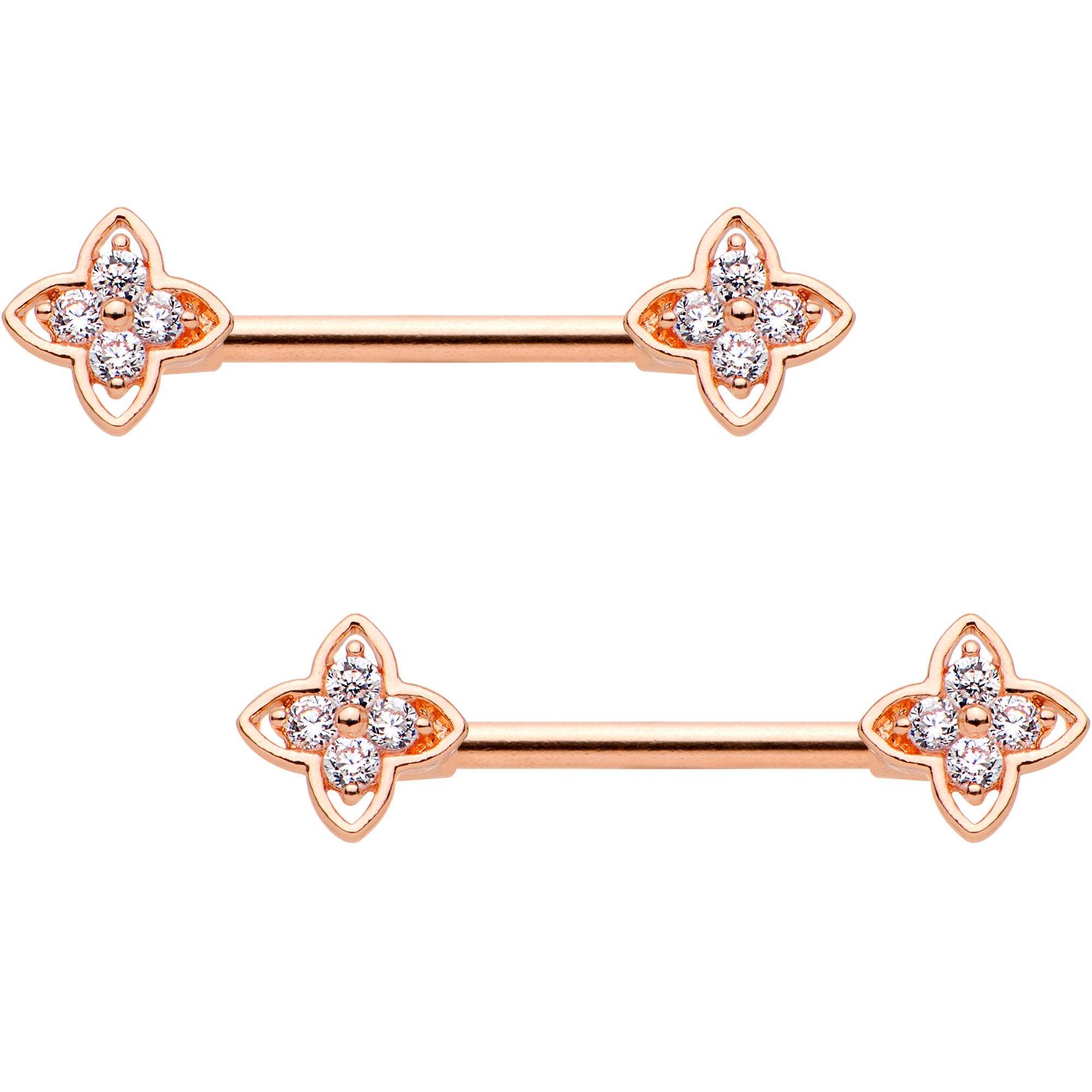 14 Gauge Clear CZ Gem Star Rose Gold Tone BCR Barbell Nipple Ring Set