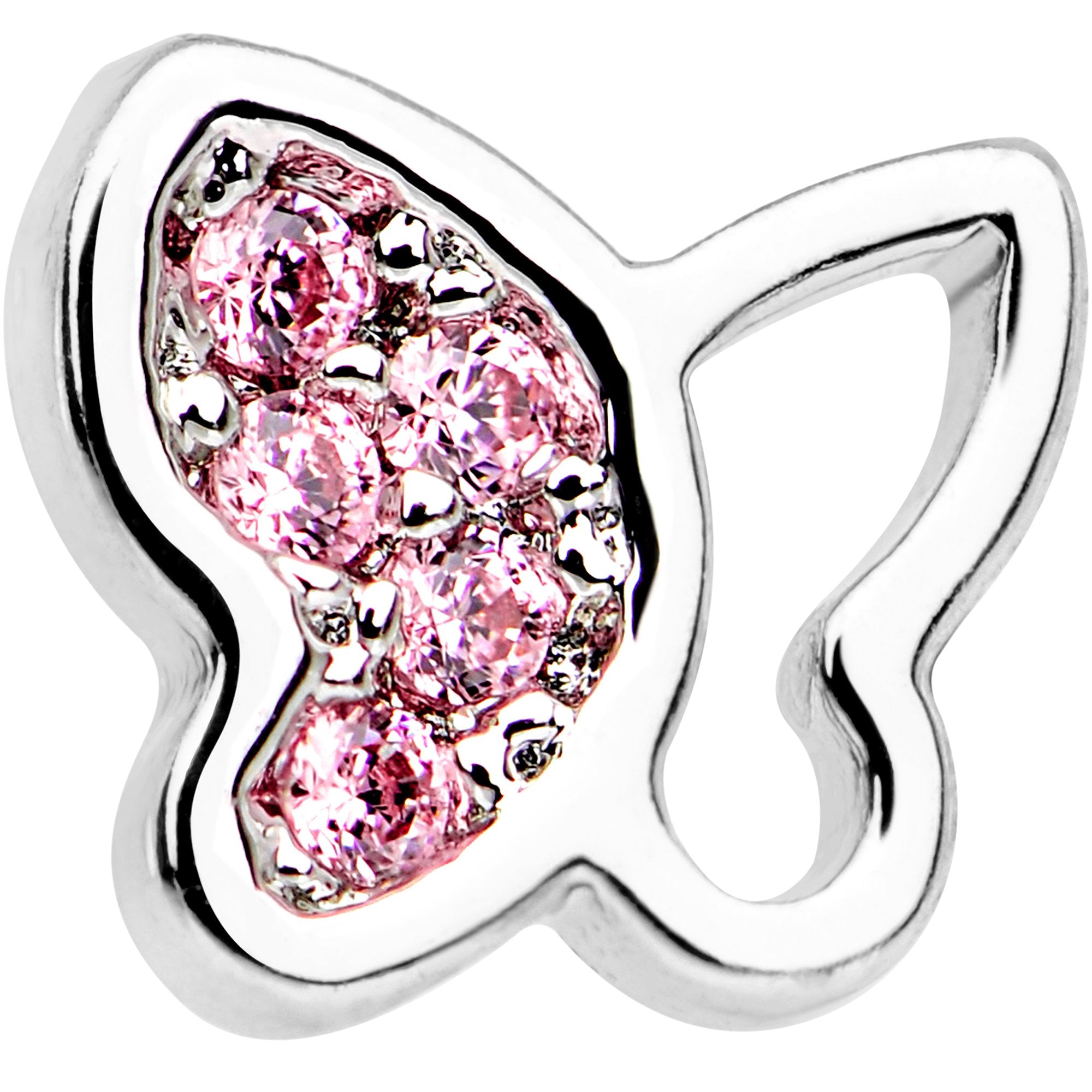 20 Gauge 1/4 Pink CZ Gem Half Paved Butterfly Nose Bone