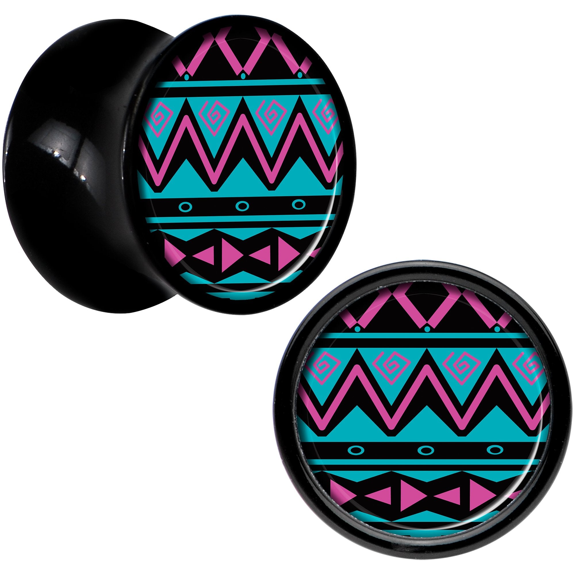 Black Acrylic Pink Teal Tribal Print Saddle Plug Set 00 Gauge