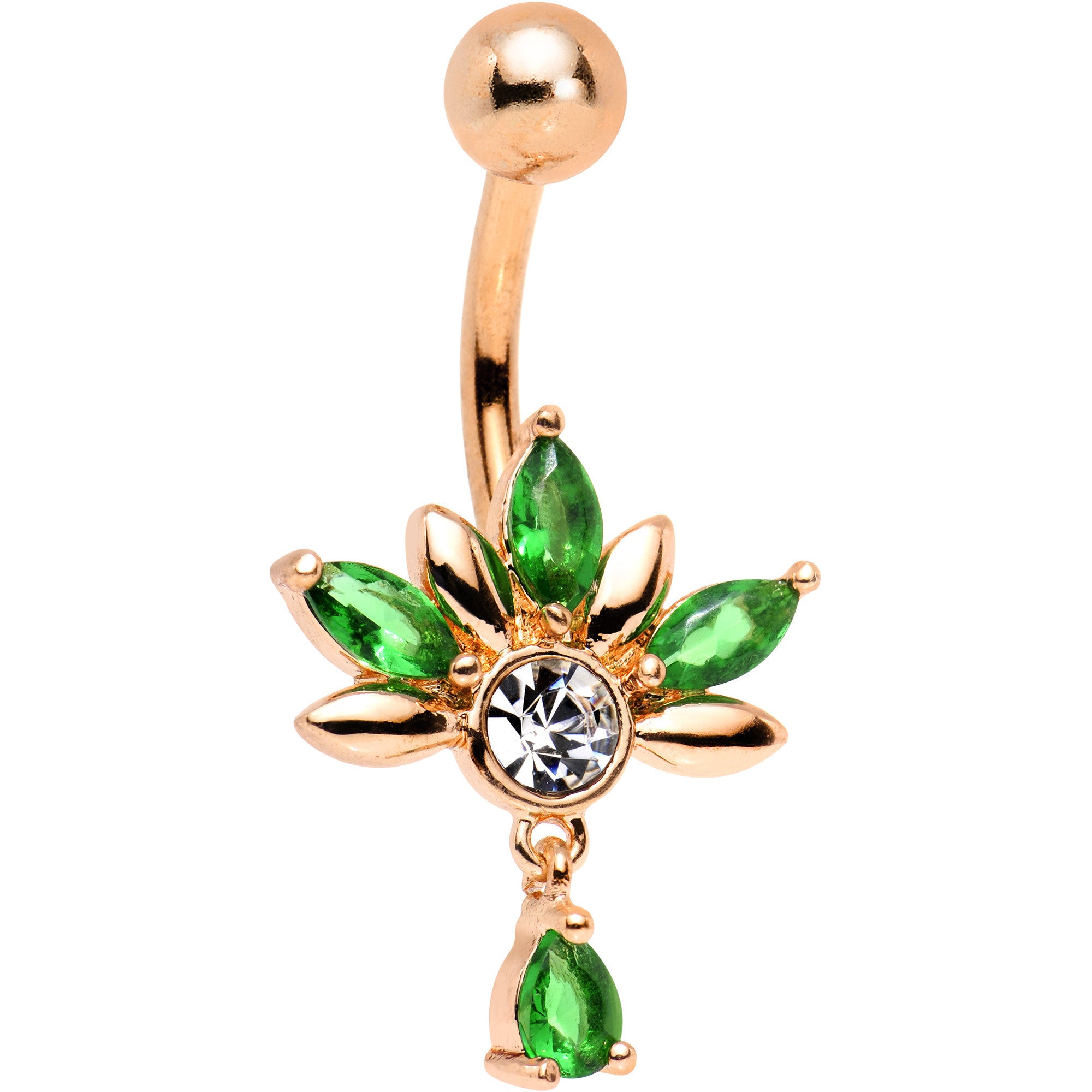 Clear Green Gem Rose Gold Anodized Aztec Crown Dangle Belly Ring